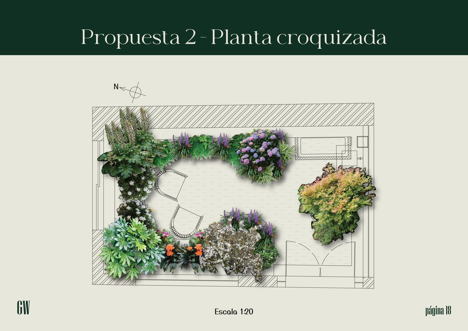 plano de jardín con muebles y vegetación — proyecto Proyecto Alem, por Greenwood Paisajismo, en Alem 540