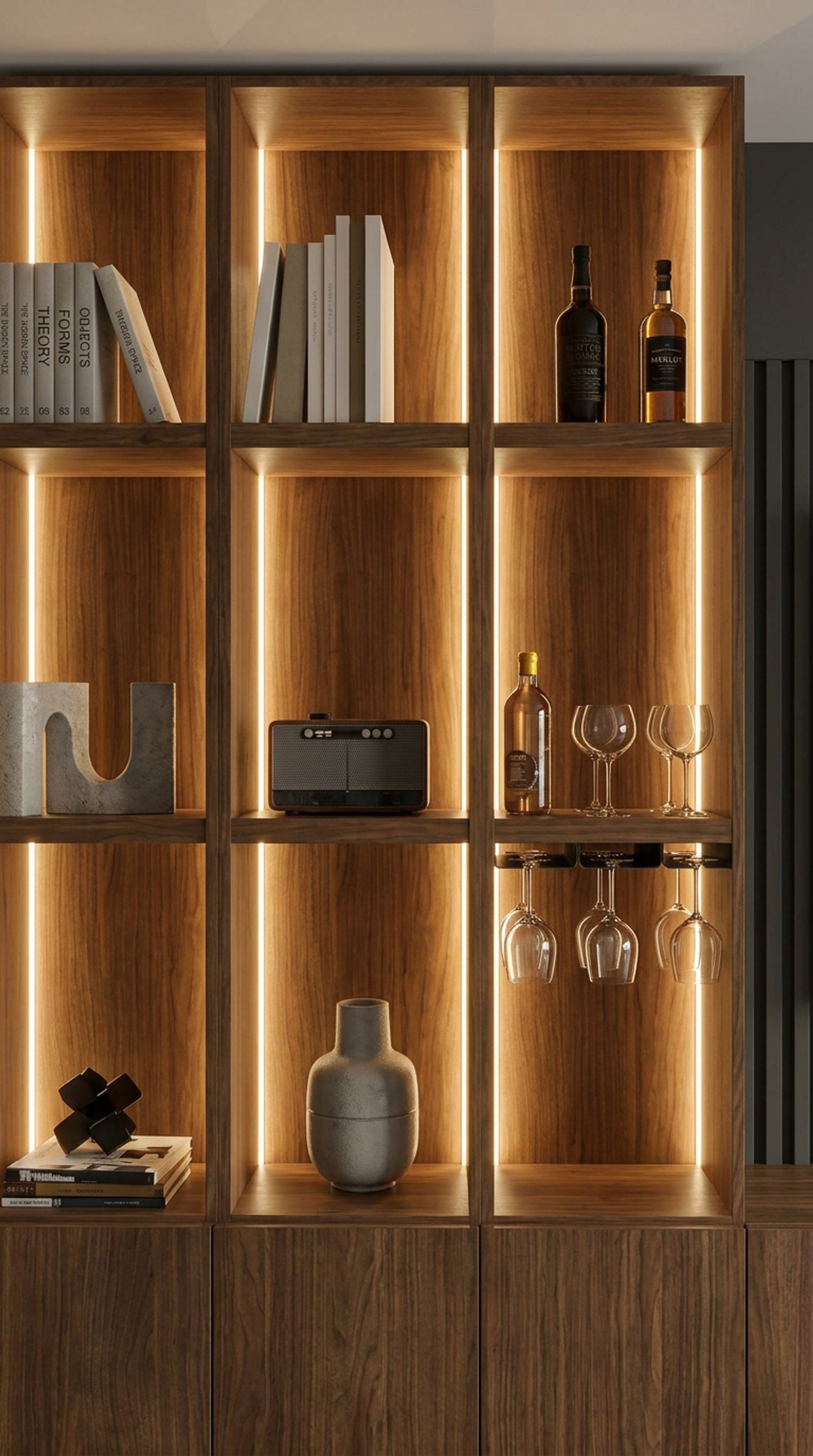 Estantería moderna de madera con iluminación indirecta — proyecto Diseño de departamento masculino , por Mela Deco Design, en Buenos Aires
