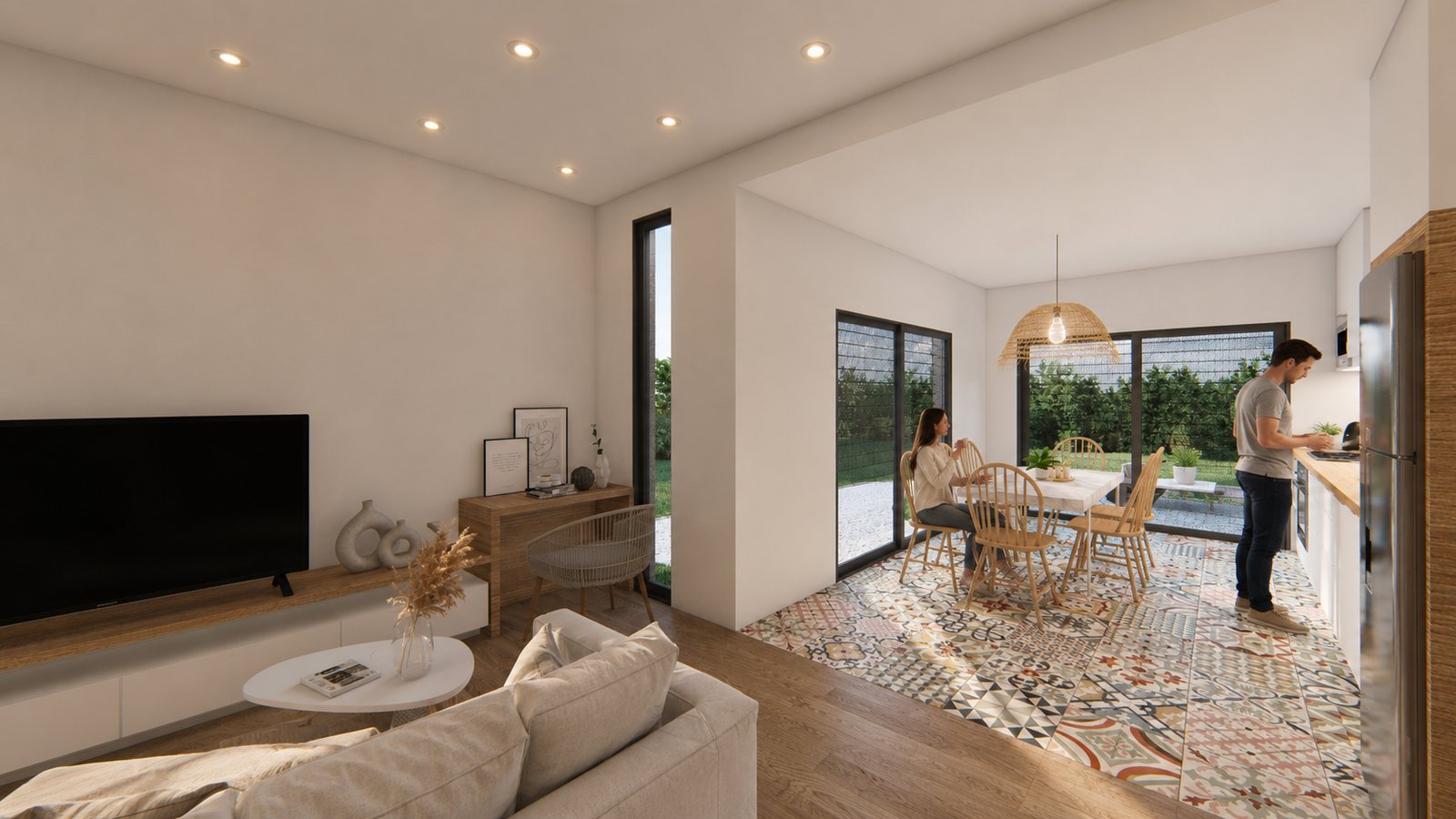 Living comedor moderno con cocina integrada y mucha luz — proyecto Casa Inti, por WILSON ARQUITECTURA, en Manzanares
