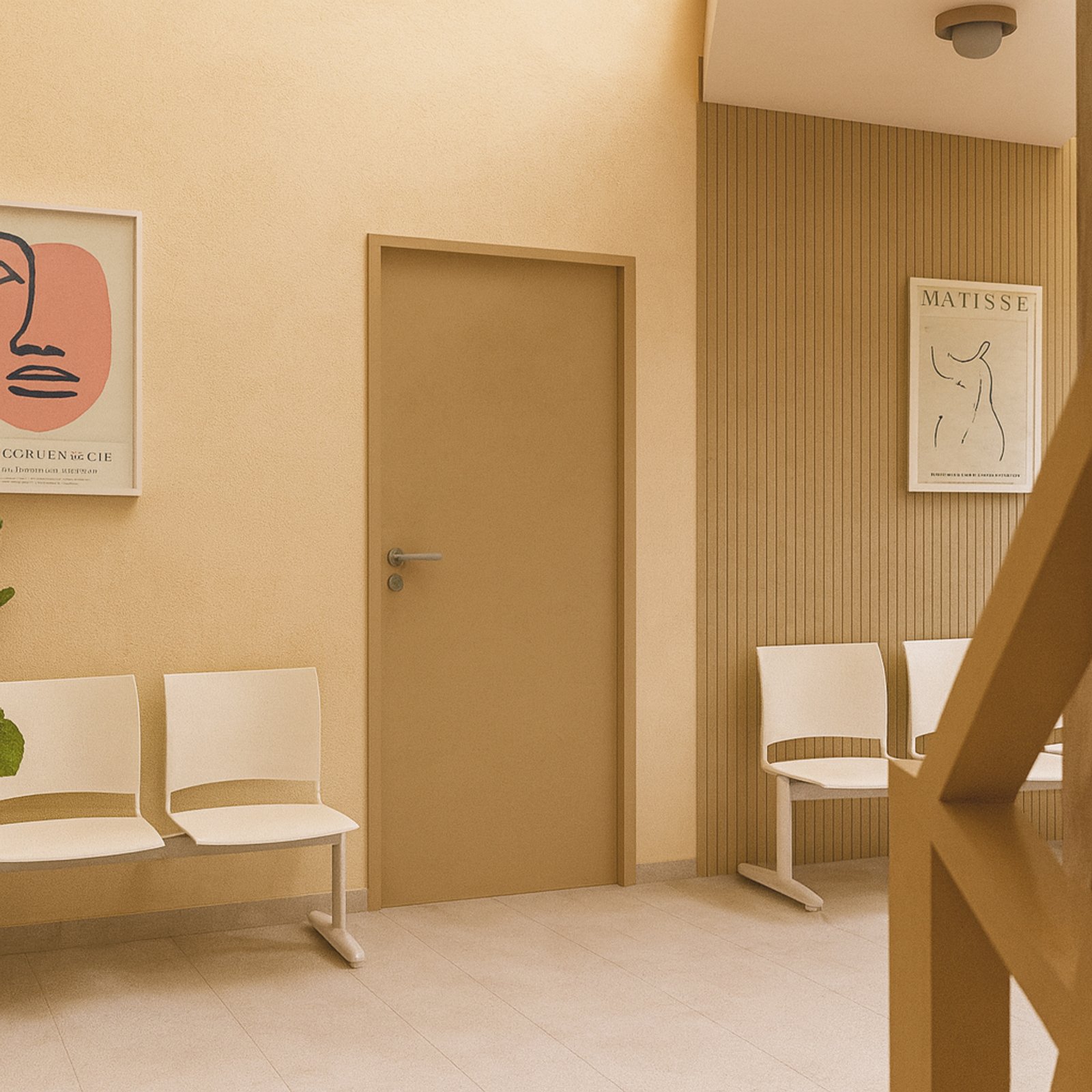 Sala de espera moderna beige con arte abstracto — proyecto Proyecto Laboratorio IBC, por ivanadesign.estudio, en San Bernardo del Tuyú
