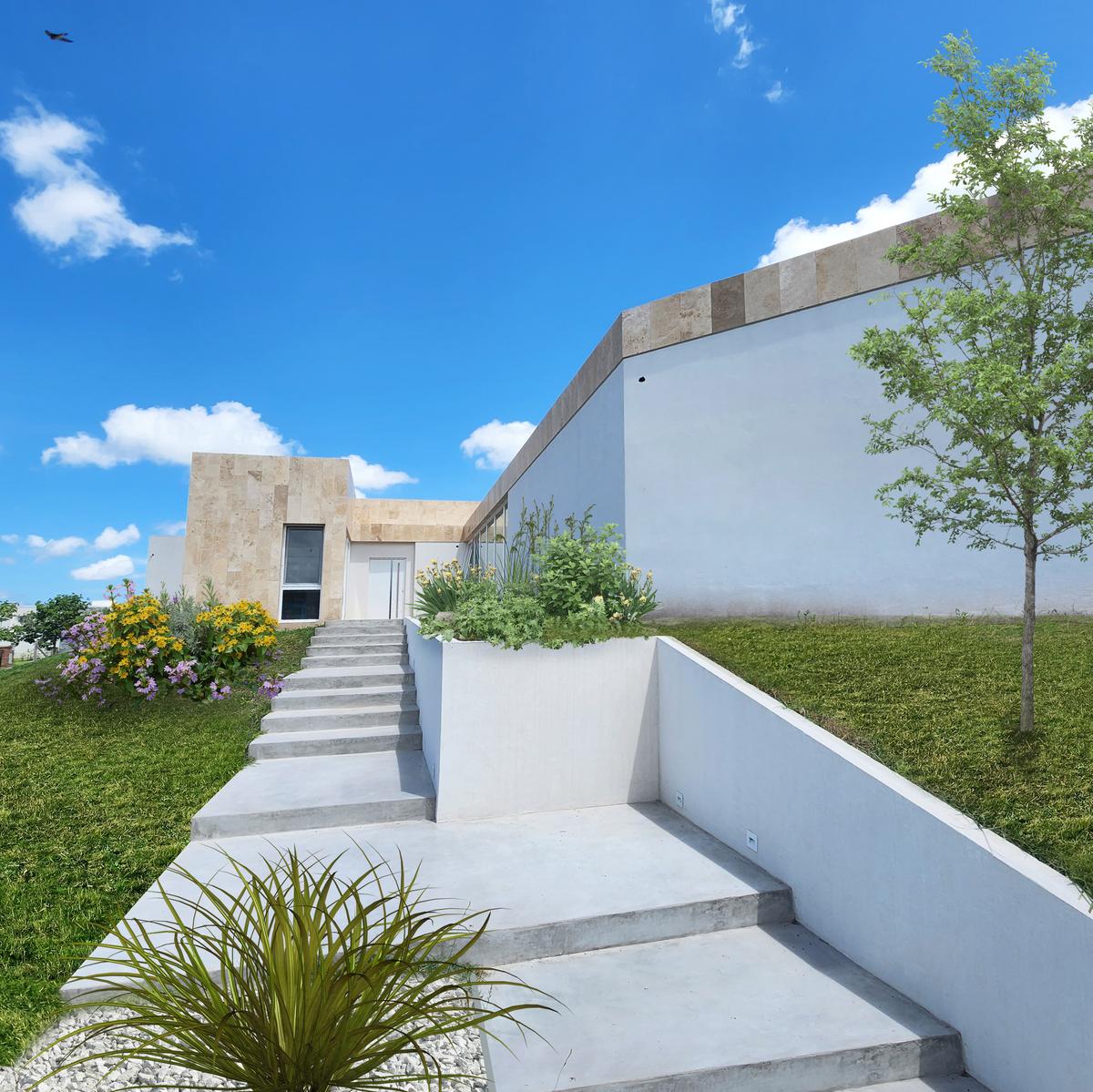Fachada moderna com escadas de concreto e jardim — projeto Casa Cardales, por Hernan Goldfarb, em Belén de Escobar