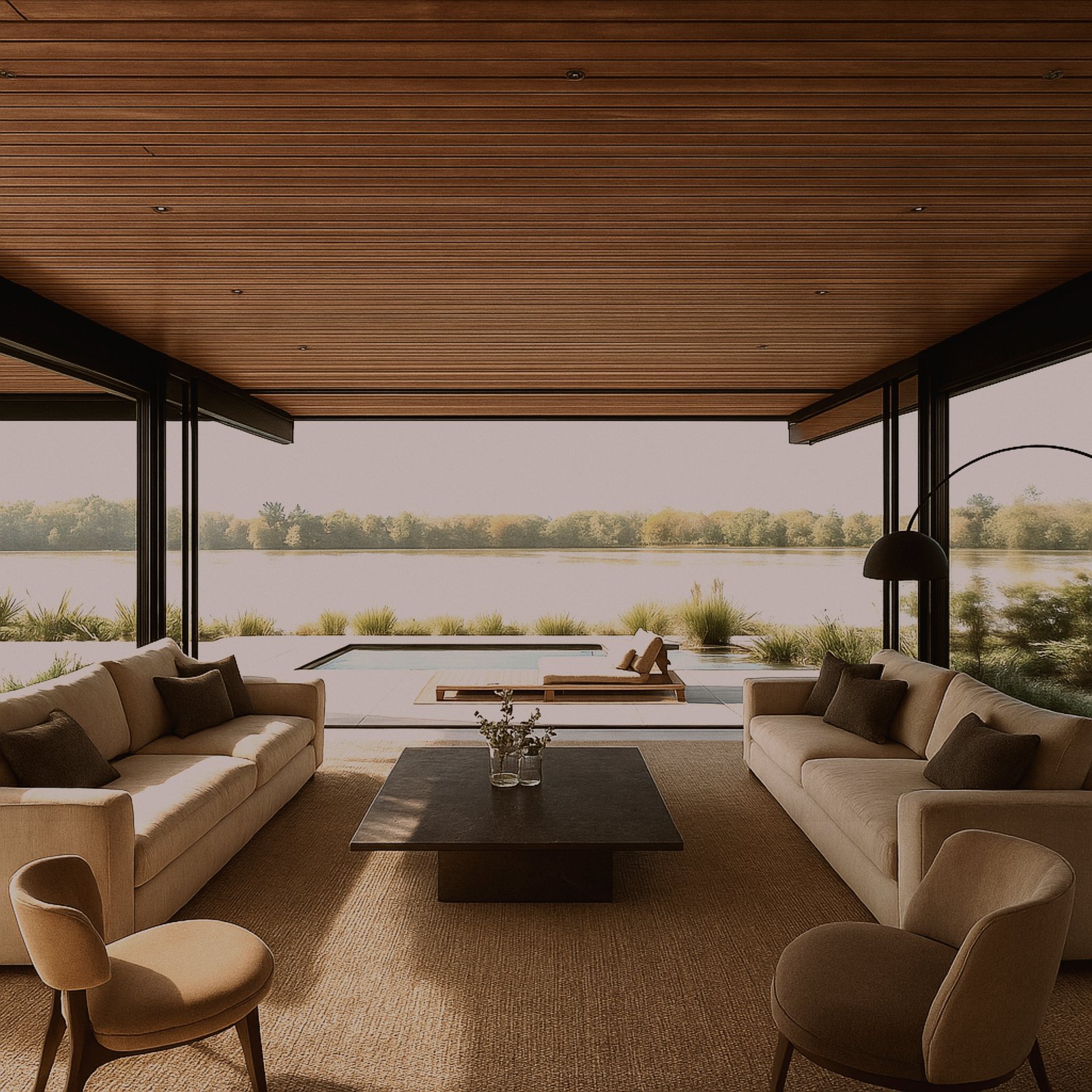 Living moderno con vista al lago y techo de madera — proyecto Casa Delta, por zuloagastudio, en B1648 Tigre