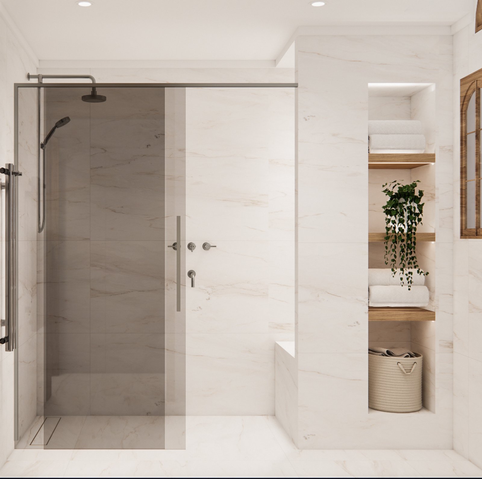 Baño moderno con paredes de mármol, ducha de vidrio y plantas — proyecto Moderno baño con detalles en madera, por Mela Deco Design
