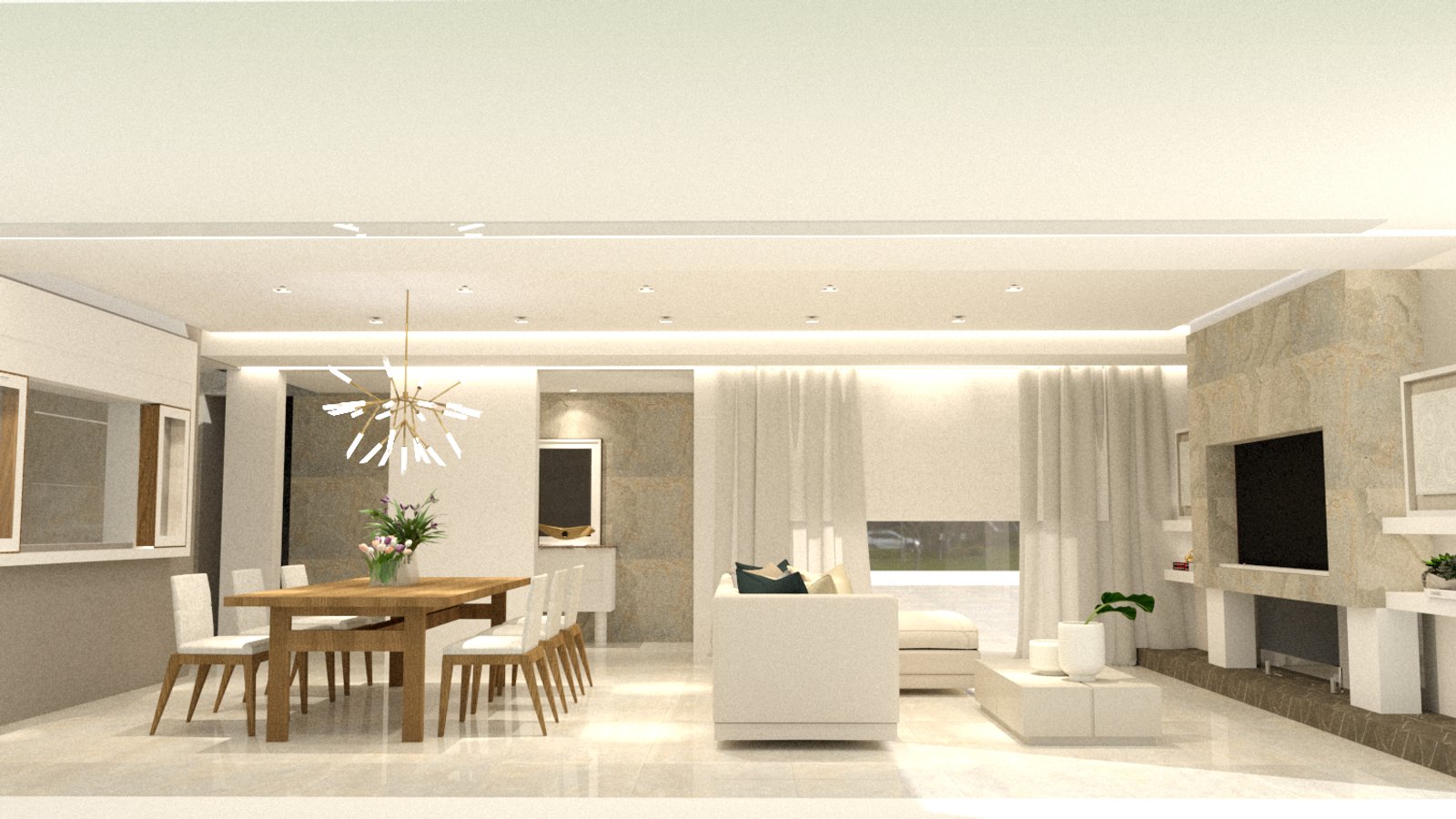 Comedor y living moderno de planta abierta con detalles escandinavos — proyecto CASA ANDREA, por Amorosi Espacios de Diseño, en Neuquén