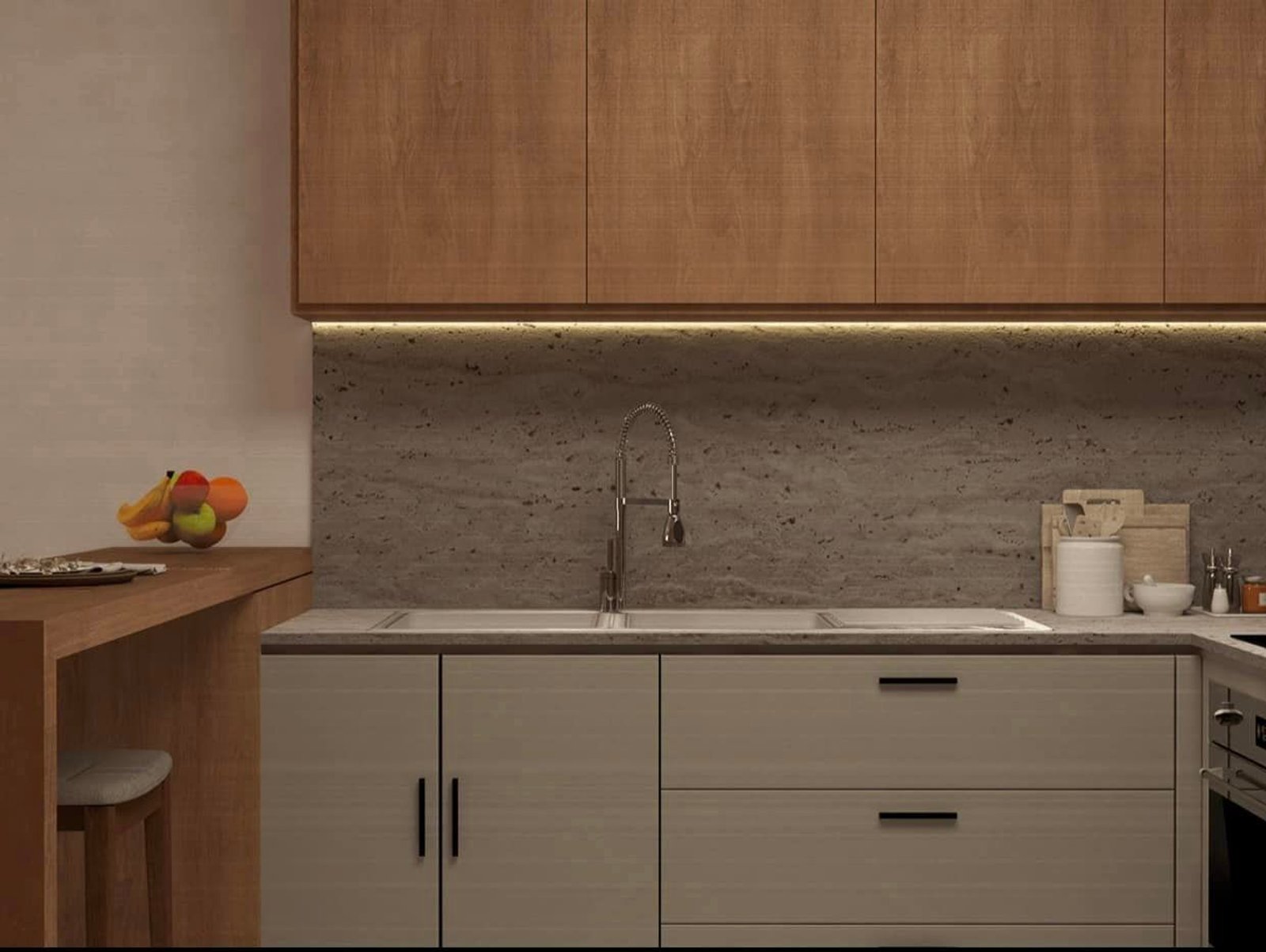 Cocina moderna con muebles de madera y mesada de piedra gris — proyecto Edifiicio de Departamentos , por Arquitecto Gustavo Maidana, en Caá Catí