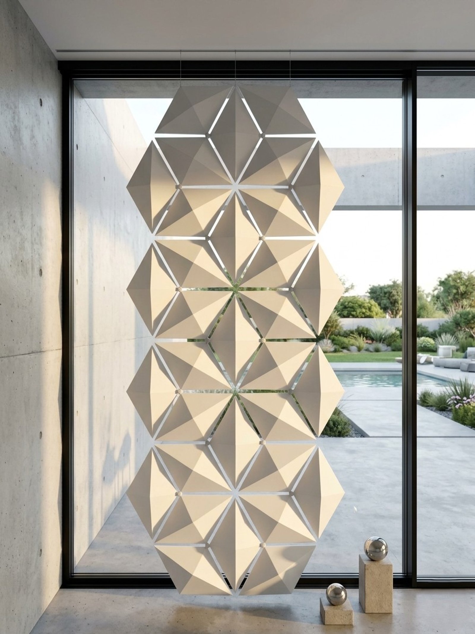 Sala moderna con biombo geométrico blanco y vista al exterior — proyecto divisor escritorio, por Fus-a, en B1846 Adrogué