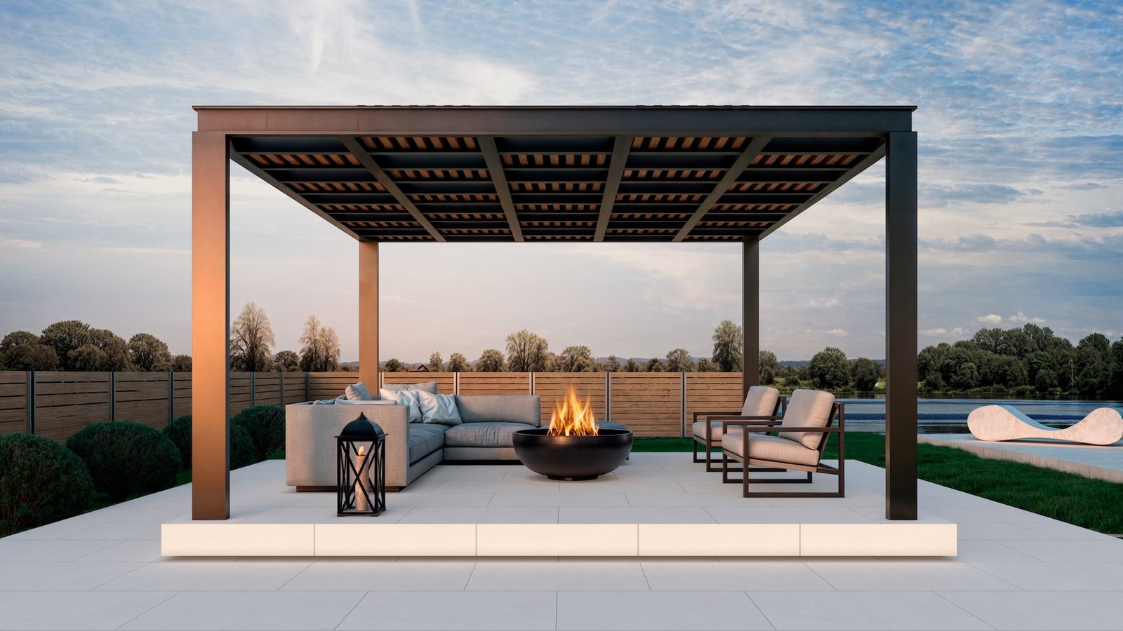 Parrilla moderna exterior con pérgola y sofás — proyecto Piedra, por Cerámica Cañuelas