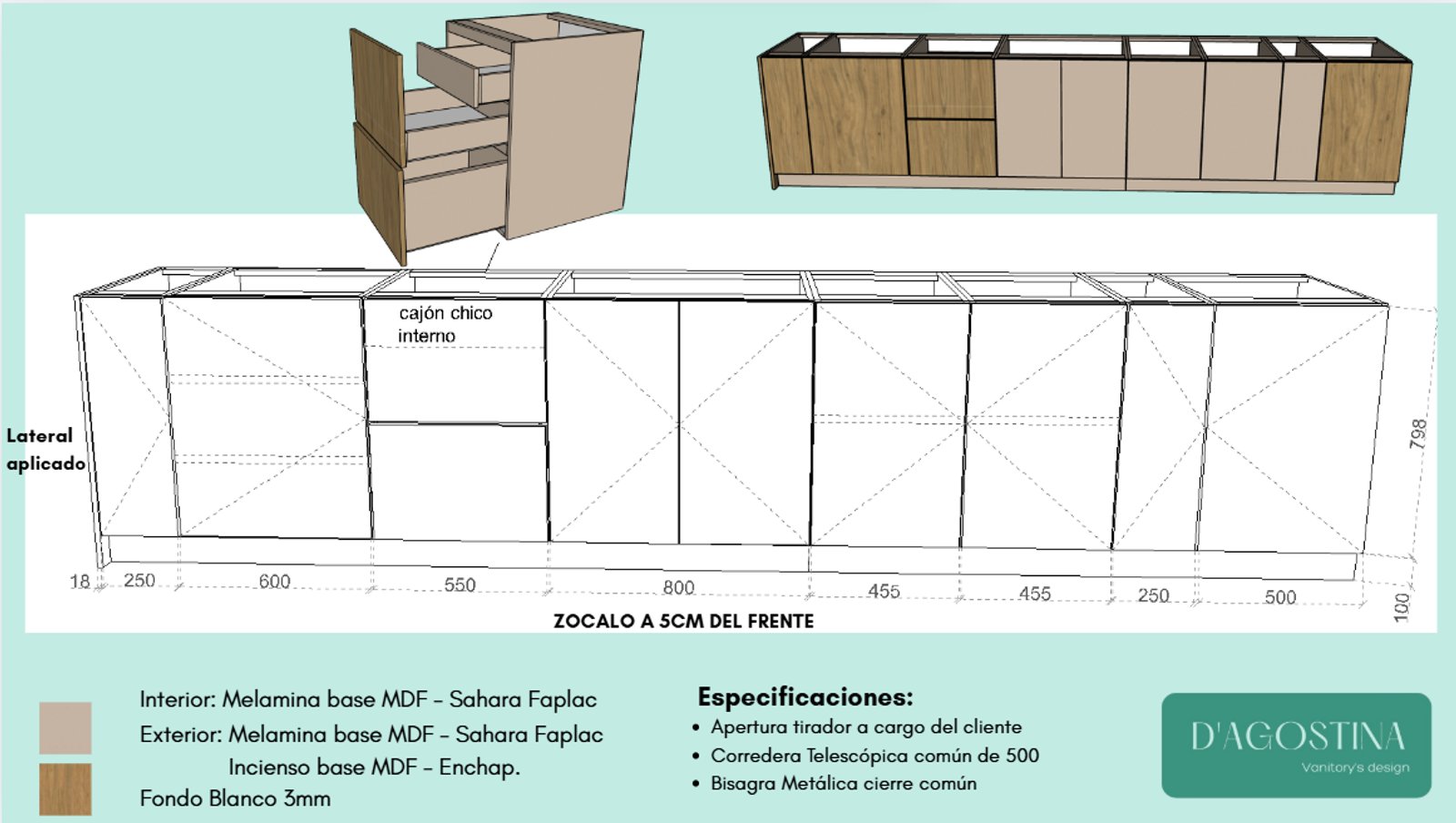 Plano técnico de mueble modular moderno con acabados en madera y beige — proyecto Proyecto B, por D'Agostina , en Palermo