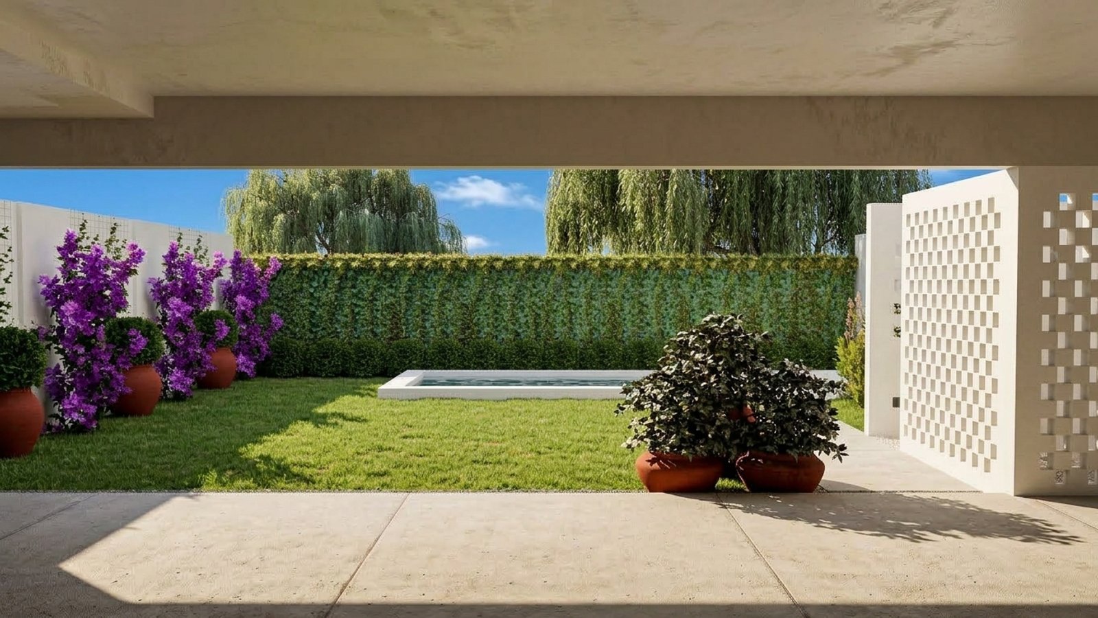 Jardim moderno com piscina e muro verde — projeto Jardín con estilo mediterraneo, por LM arquitecta+paisajista, em Río Tercero