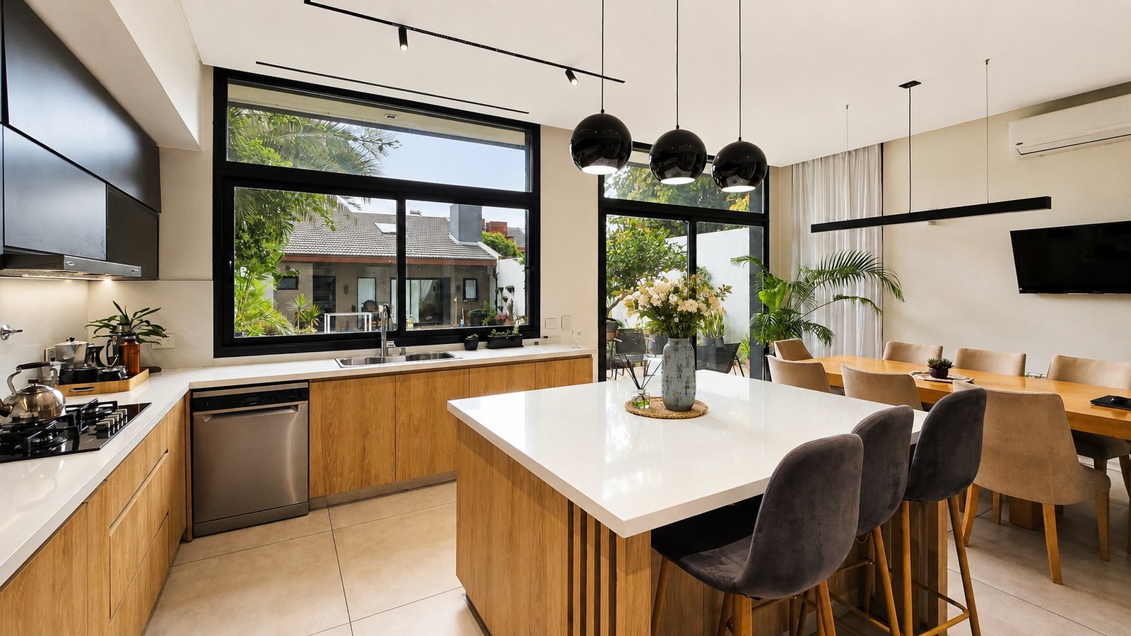 Cozinha moderna com ilha grande e muita luz natural — projeto Casa YyF, por Smr Arquitectura, em B1828 Banfield