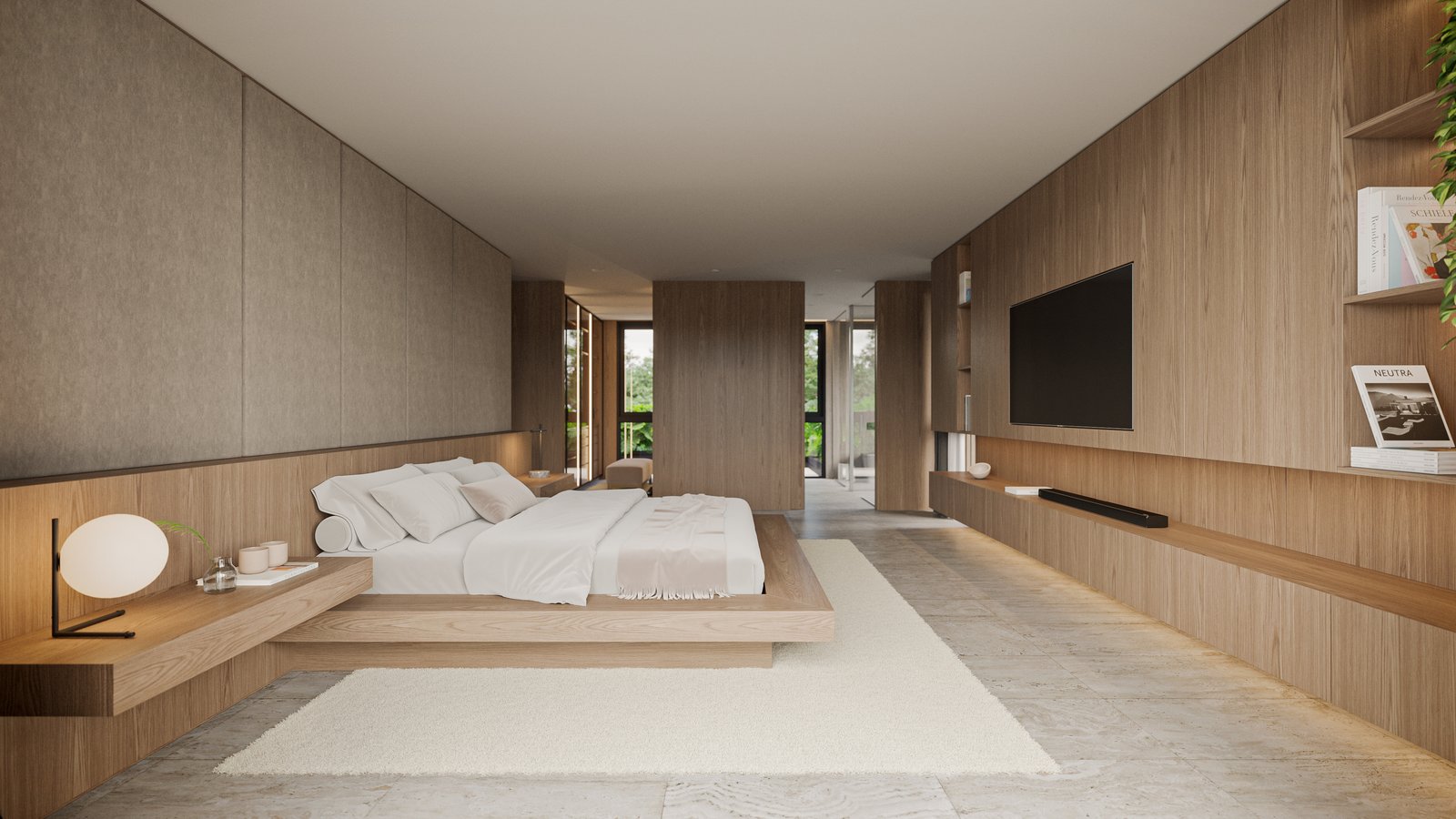 Dormitorio moderno con paneles de madera y luz indirecta — proyecto Casa CALMA, por Grupo CRBN, en Av. de los Lagos 100