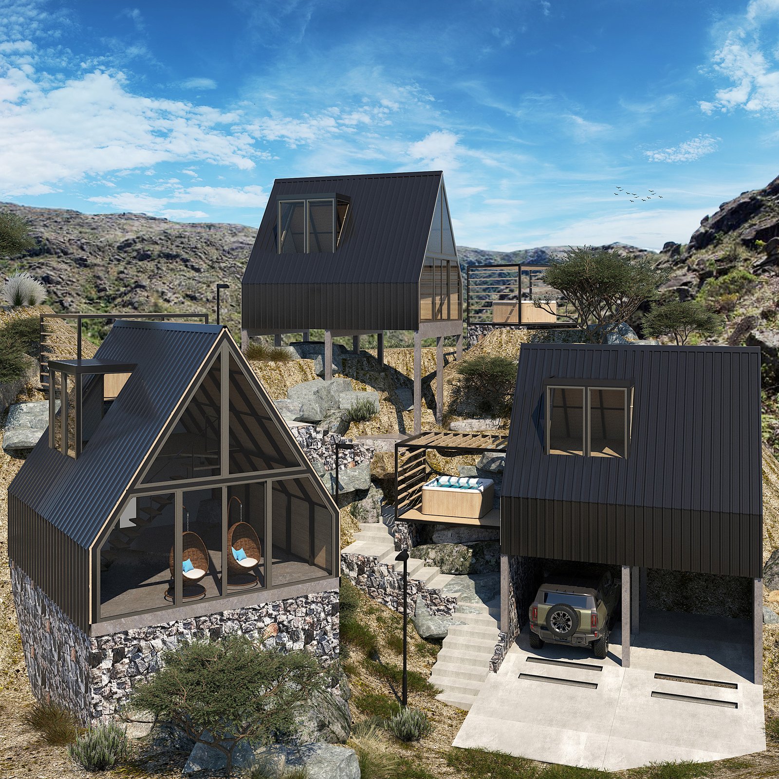 Cabanas modernas em ambiente de montanha com design geométrico e grandes janelas — projeto Cabañas en Villa Ernestina, por Ignacio Pandolfi Arq., em Heine 100