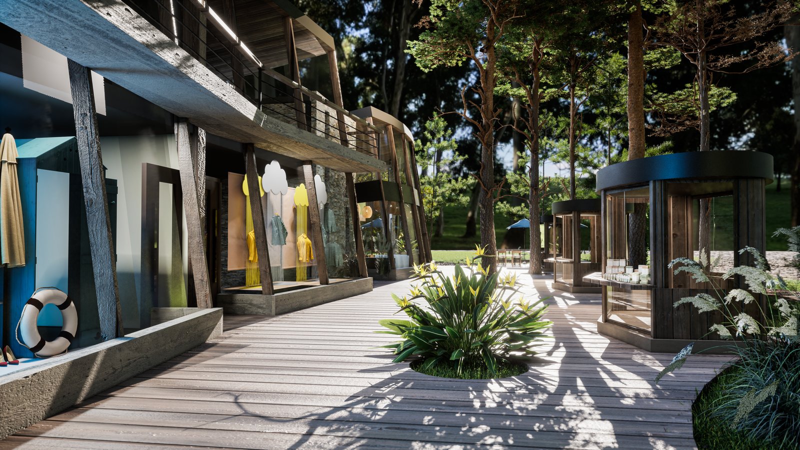 fachada de local comercial de madera con deck y vegetación — proyecto Paseo Comercial Costa del Este, por COMOTTO - SOMMER  - ARQUITECTOS, en Costa del Este