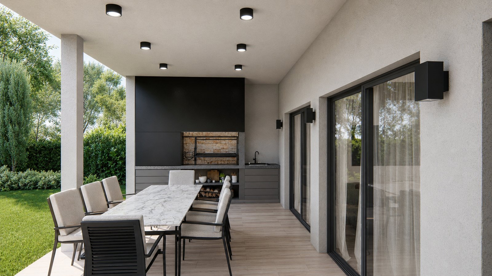 Terraza moderna con parrilla y deck de madera — proyecto Casa Ávalos, por WILSON ARQUITECTURA, en Ingeniero Maschwitz