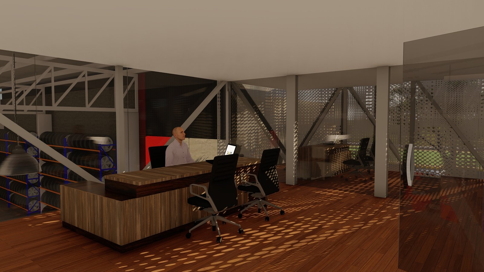 Escritório industrial moderno com detalhes em madeira e metal — projeto NAVE COMERCIAL, por ML ARQUITECTURA / ARQ. MARIANO LEOTTA, em San Juan