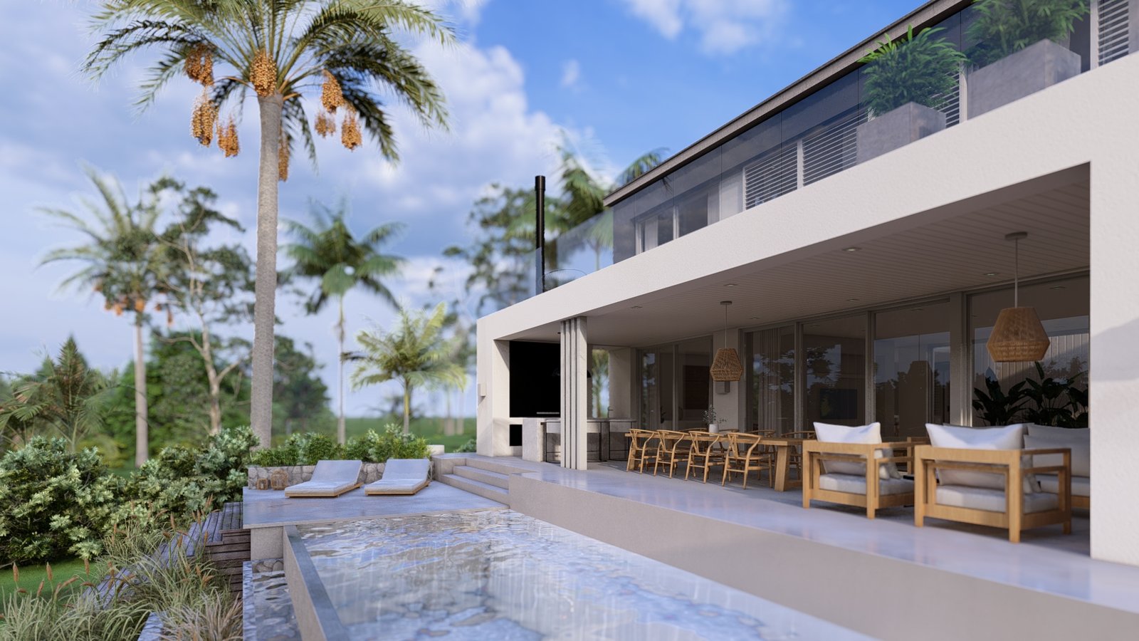 Casa moderna con piscina y vegetación tropical — proyecto Casa JC, por Hermann Arquitectos, en RP25