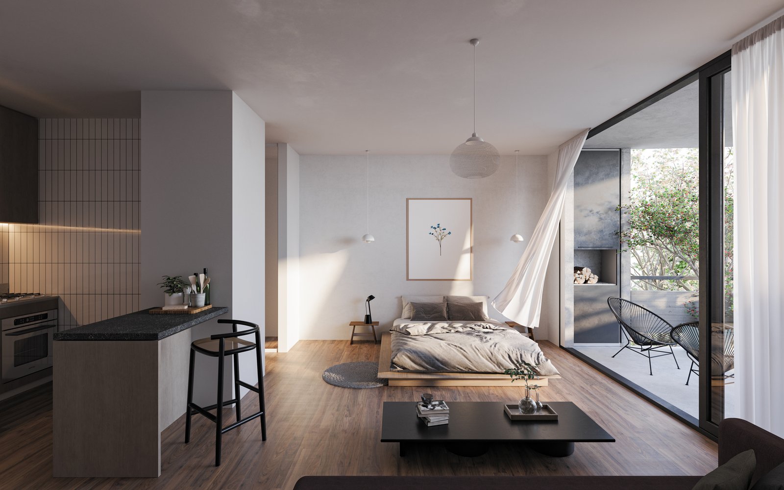 Monoambiente moderno con mucha luz y materiales naturales — proyecto Edificio Donato, por LW Lopez Wolder arquitectos, en Av. Tte. Gral. Donato Álvarez 1827