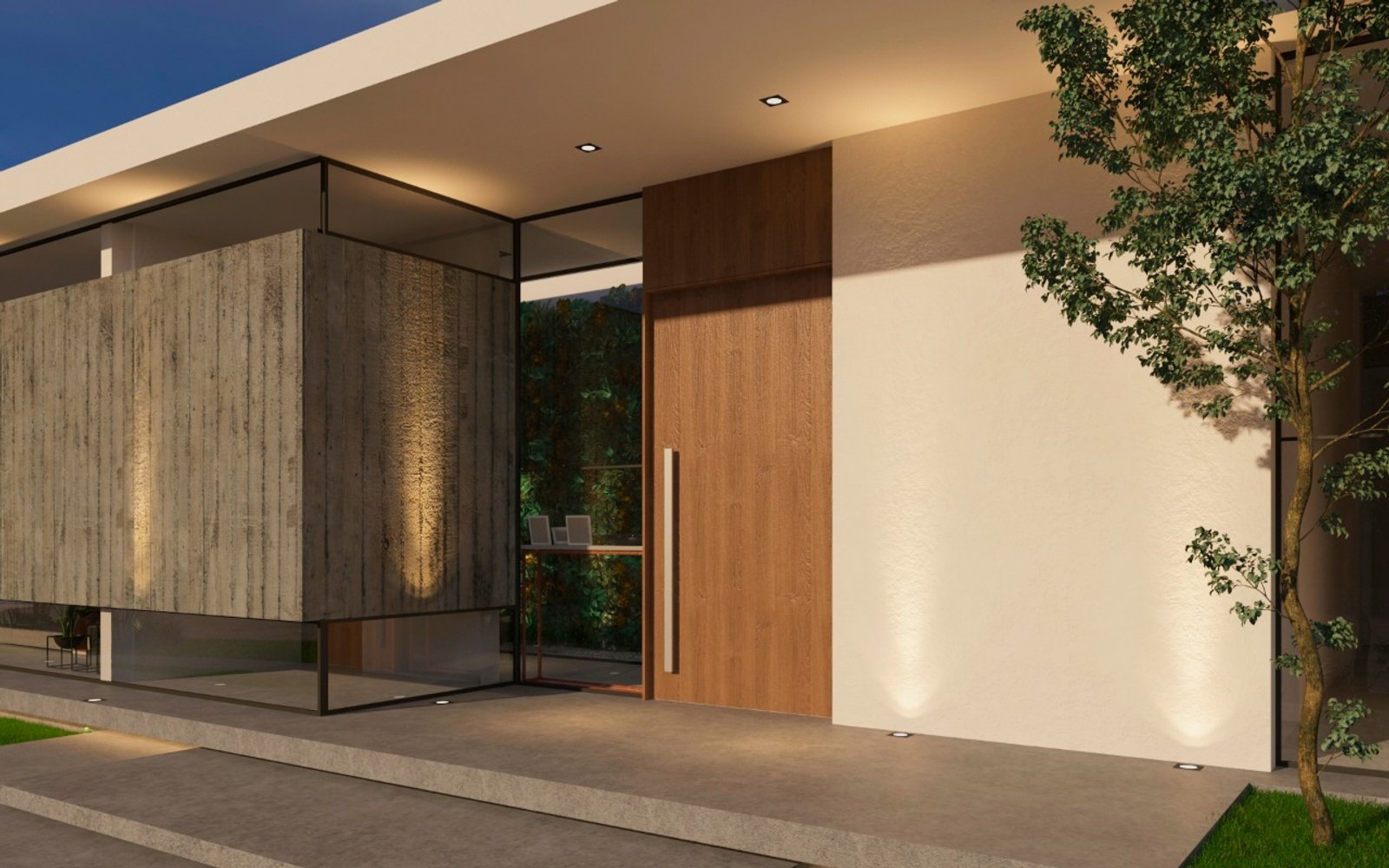 Fachada moderna con bloques de hormigón y puerta de madera — proyecto vivienda marchese, por ML ARQUITECTURA / ARQ. MARIANO LEOTTA, en Santa Lucía