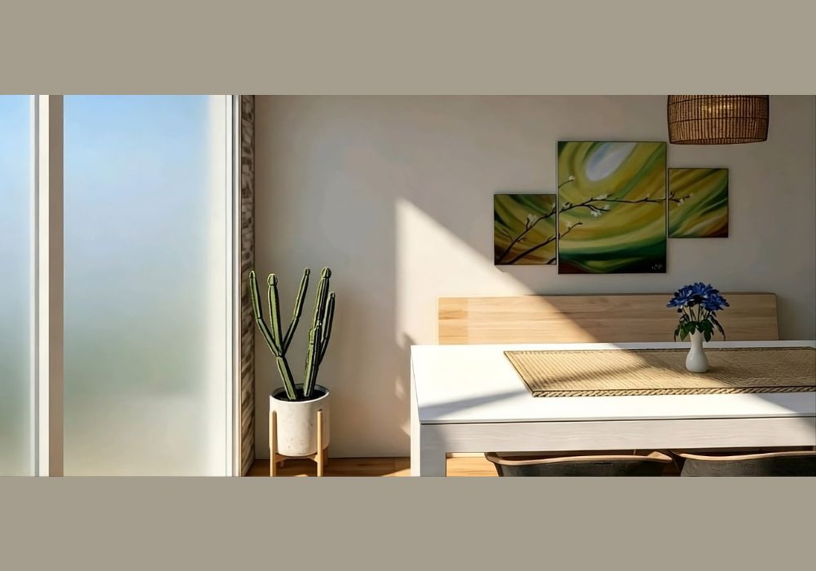 Comedor moderno escandinavo con arte abstracto y luz tejida — proyecto Cocina Comedor Integrada, por FA DISEÑO Y AMBIENTACION, en Bahía Blanca