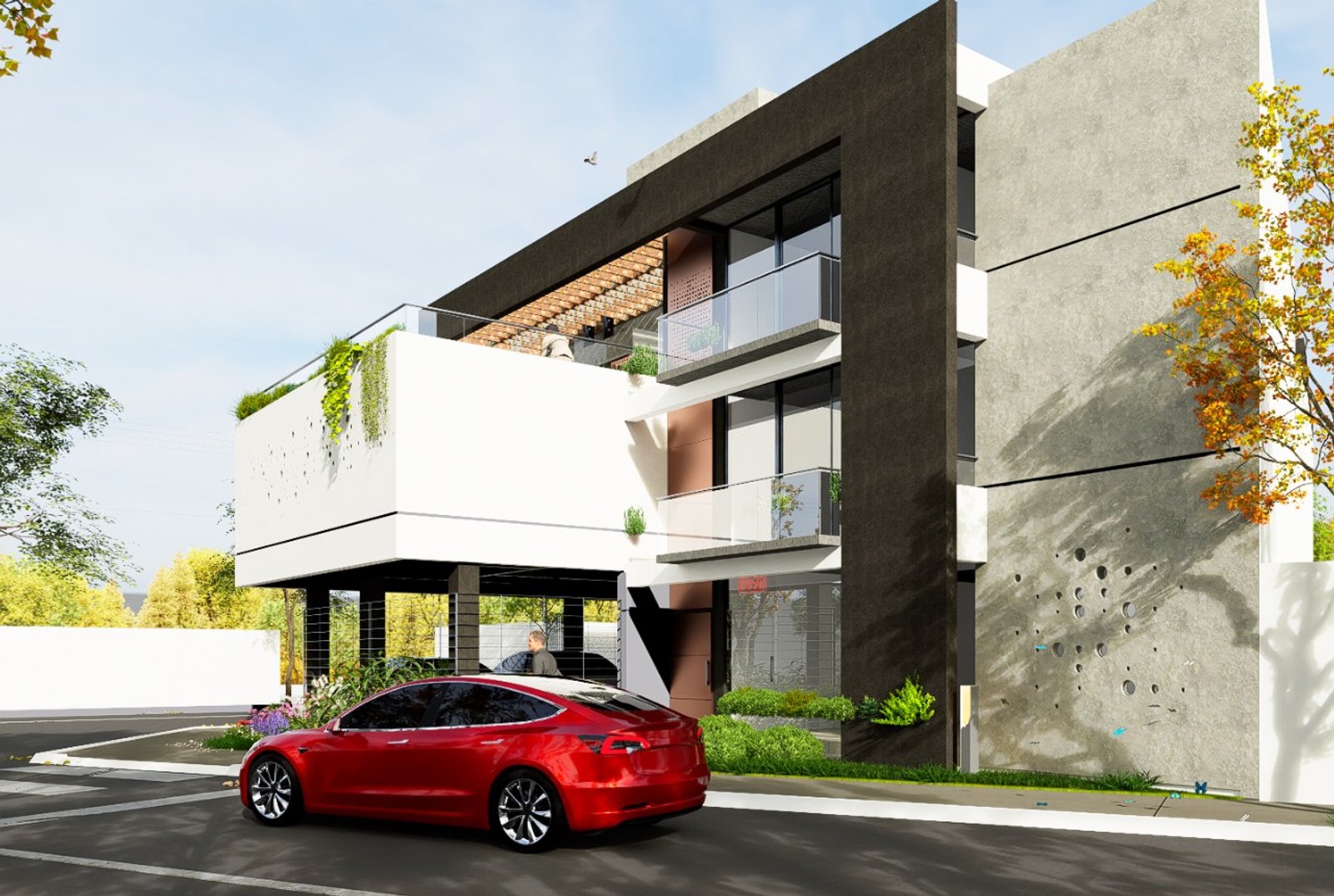 Fachada moderna com carro esportivo vermelho, detalhes em madeira e concreto — projeto CONSORCIO CATAMARCA, por ML ARQUITECTURA / ARQ. MARIANO LEOTTA, em J5400 Concepción