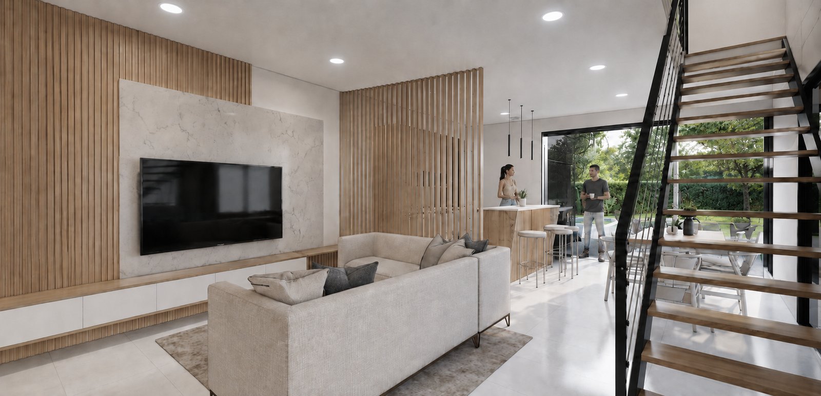 Interior moderno com sala, cozinha e escadas abertas, madeira e microcimento — projeto Casa Coffee, por WILSON ARQUITECTURA, em Pilar