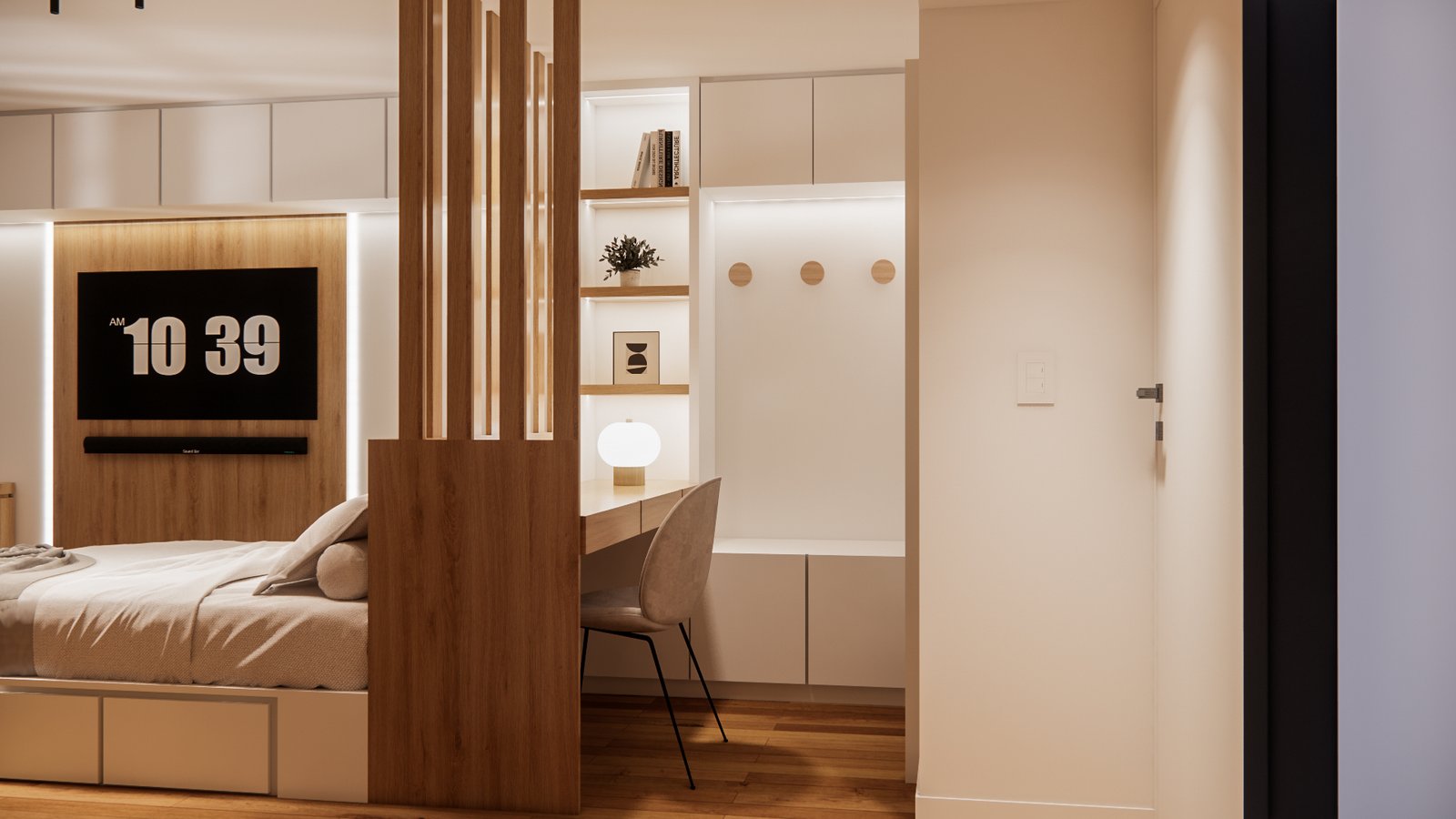 Dormitorio moderno con rincón de oficina integrado — proyecto Renovación de monoambiente, por Mela Deco Design, en Buenos Aires