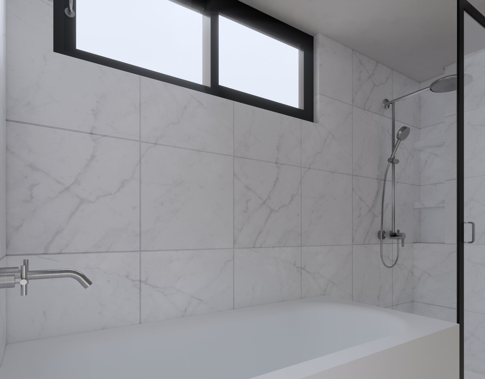 Baño moderno con bañera exenta y azulejos de mármol — proyecto Roof Garden 7240, por Fenarq Estudio de Arquitectura, en Amozoc de Mota