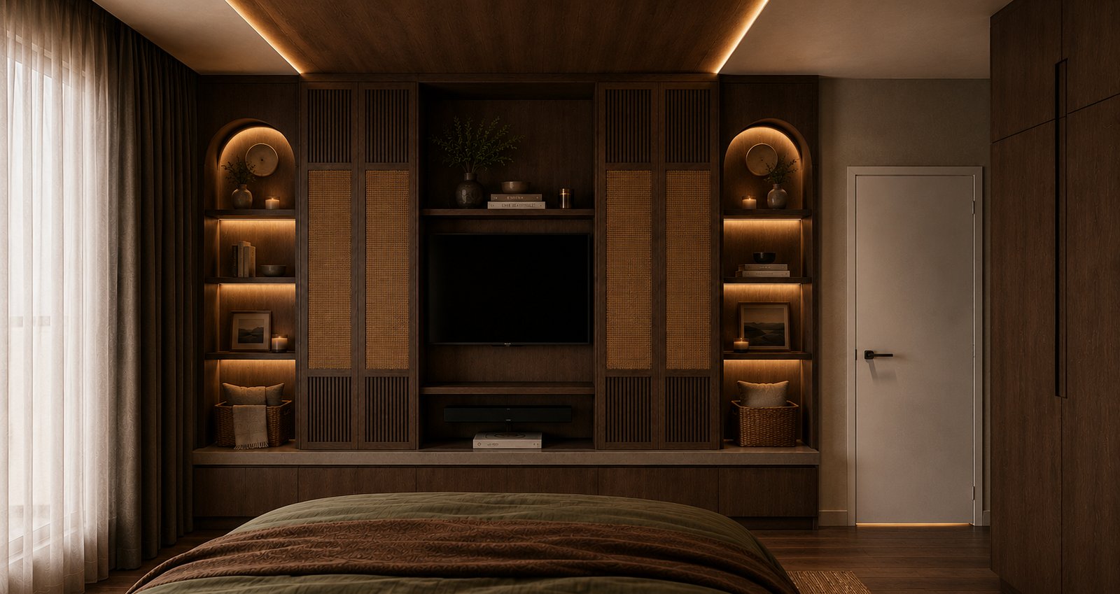 dormitorio moderno con mueble de TV empotrado y nichos curvos — proyecto Proyecto Huergo, por Lumen interiores , en Provincia de Buenos Aires