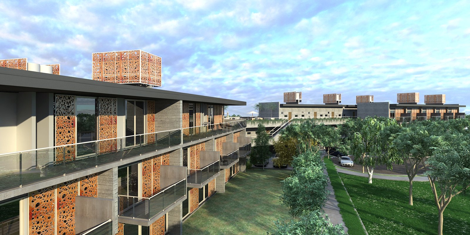Edificio moderno con paneles perforados y jardines integrados — proyecto CONSORCIO MULTIFAMILIAR , por ML ARQUITECTURA / ARQ. MARIANO LEOTTA, en Rivadavia