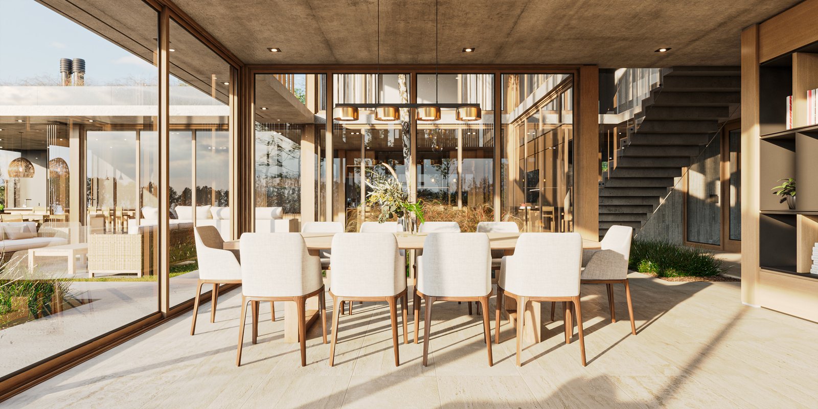 Comedor moderno con paredes de vidrio y vistas al exterior — proyecto Casa BRIDGE, por Grupo CRBN, en Av. de los Lagos 1815