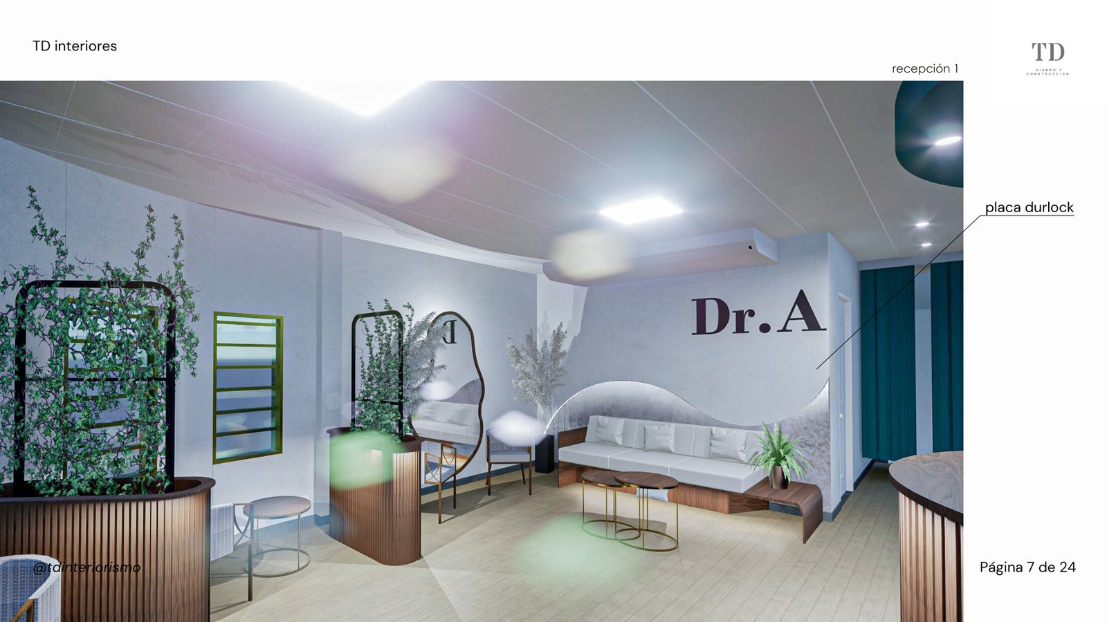 Interior moderno de clínica o tienda con pared verde y sofá blanco — proyecto PROYECTO ESTÉTICA, por TD Interiorismo, en San Fernando del Valle de Catamarca