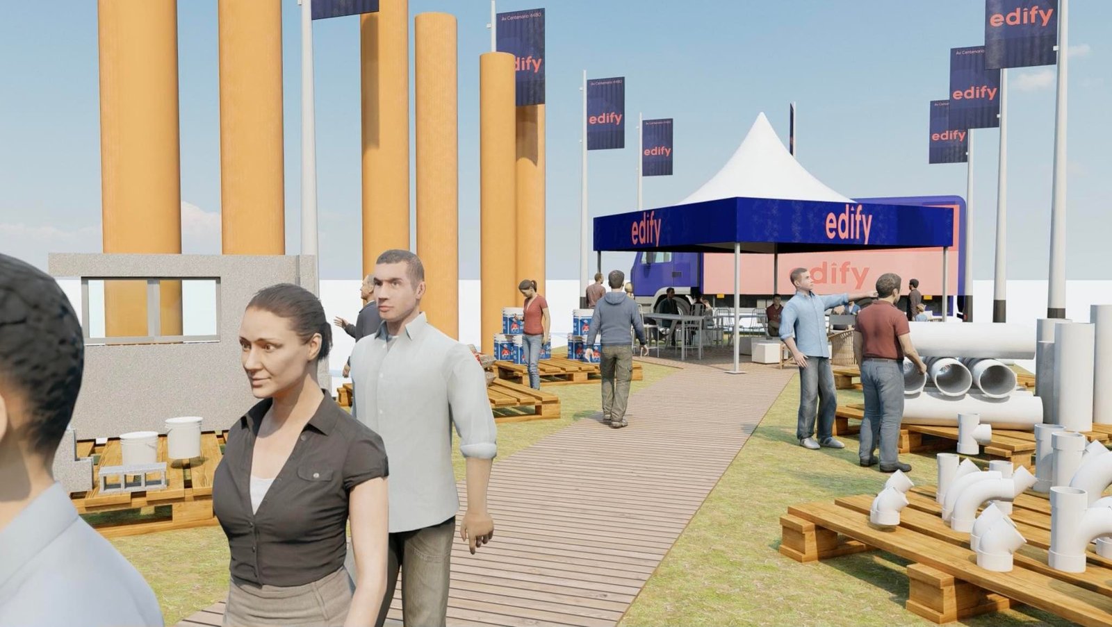 Espacio de evento comercial al aire libre con carpa y elementos industriales — proyecto Expo Forestal Posadas. Primer premio al diseno de Stand., por Arquitecto Gustavo Maidana, en