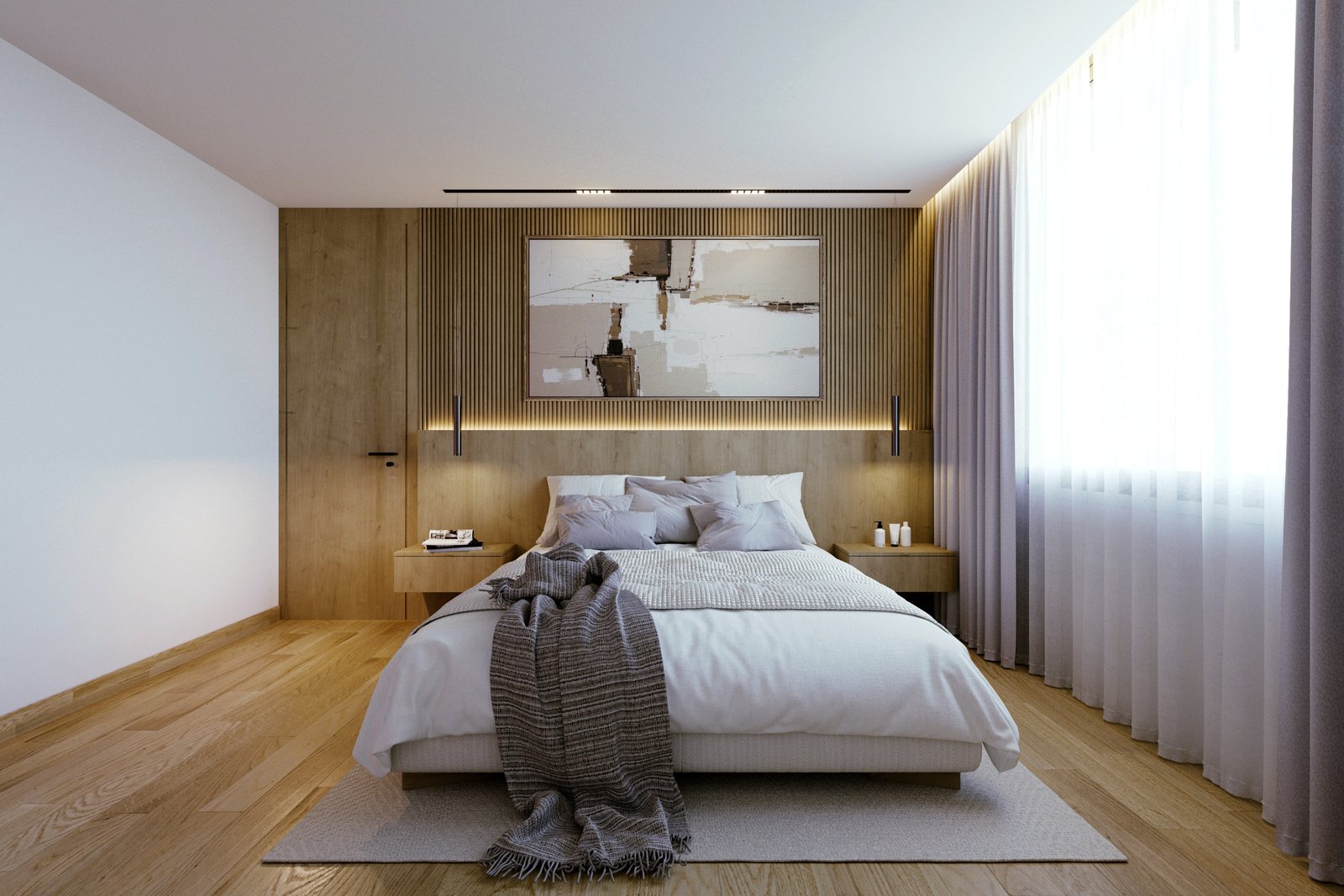 Dormitorio moderno minimalista con arte abstracto y madera natural — proyecto Casa SC464, por EZ architects, en La Garza