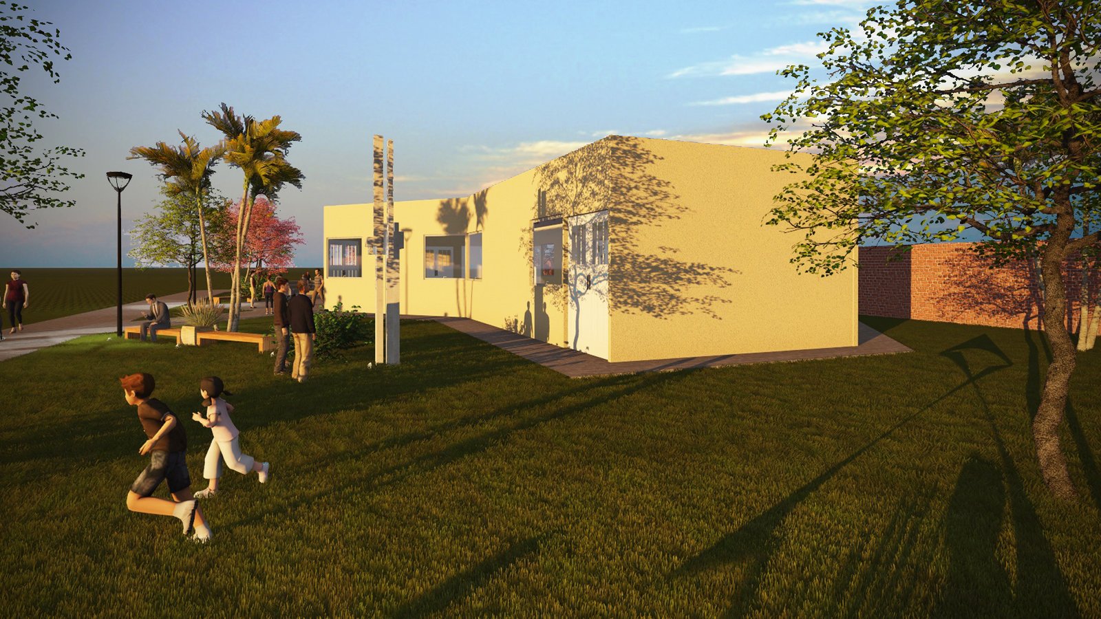 Edifício comercial moderno com jardim e crianças brincando — projeto Biblioteca Publica, Dr. Juan Manuel Rivera. Caa Cati, Corrientes., por Arquitecto Gustavo Maidana, em Caá Catí