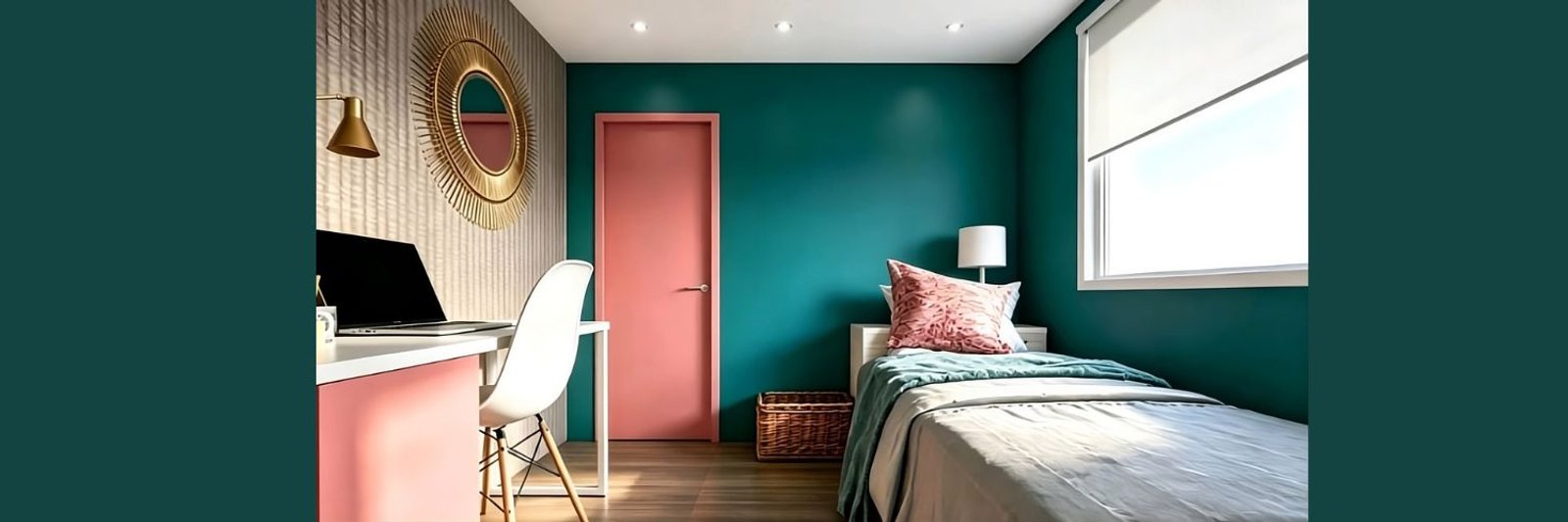 quarto moderno com canto de escritório, paredes verdes, porta rosa e espelho dourado — projeto Habitación Infantil 3 x 3, por FA DISEÑO Y AMBIENTACION, em Bahía Blanca
