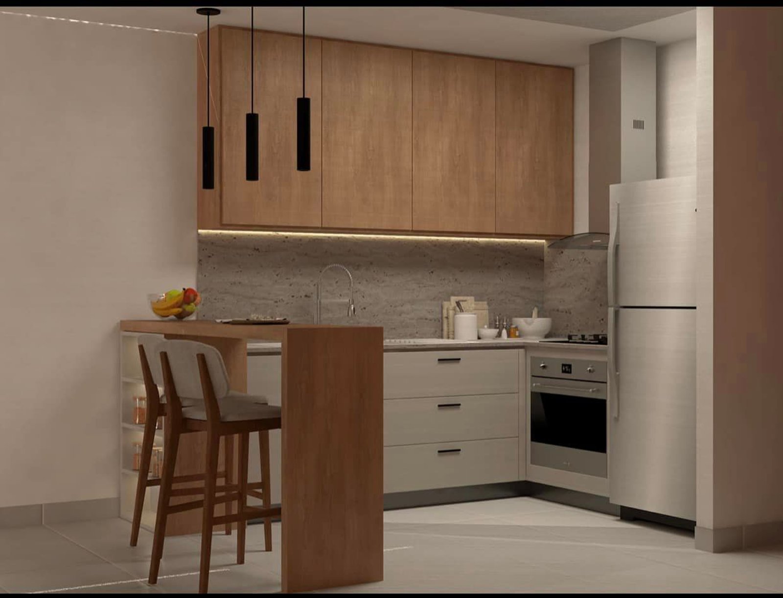 Cocina moderna escandinava con isla y armarios de madera — proyecto Edifiicio de Departamentos , por Arquitecto Gustavo Maidana, en Caá Catí