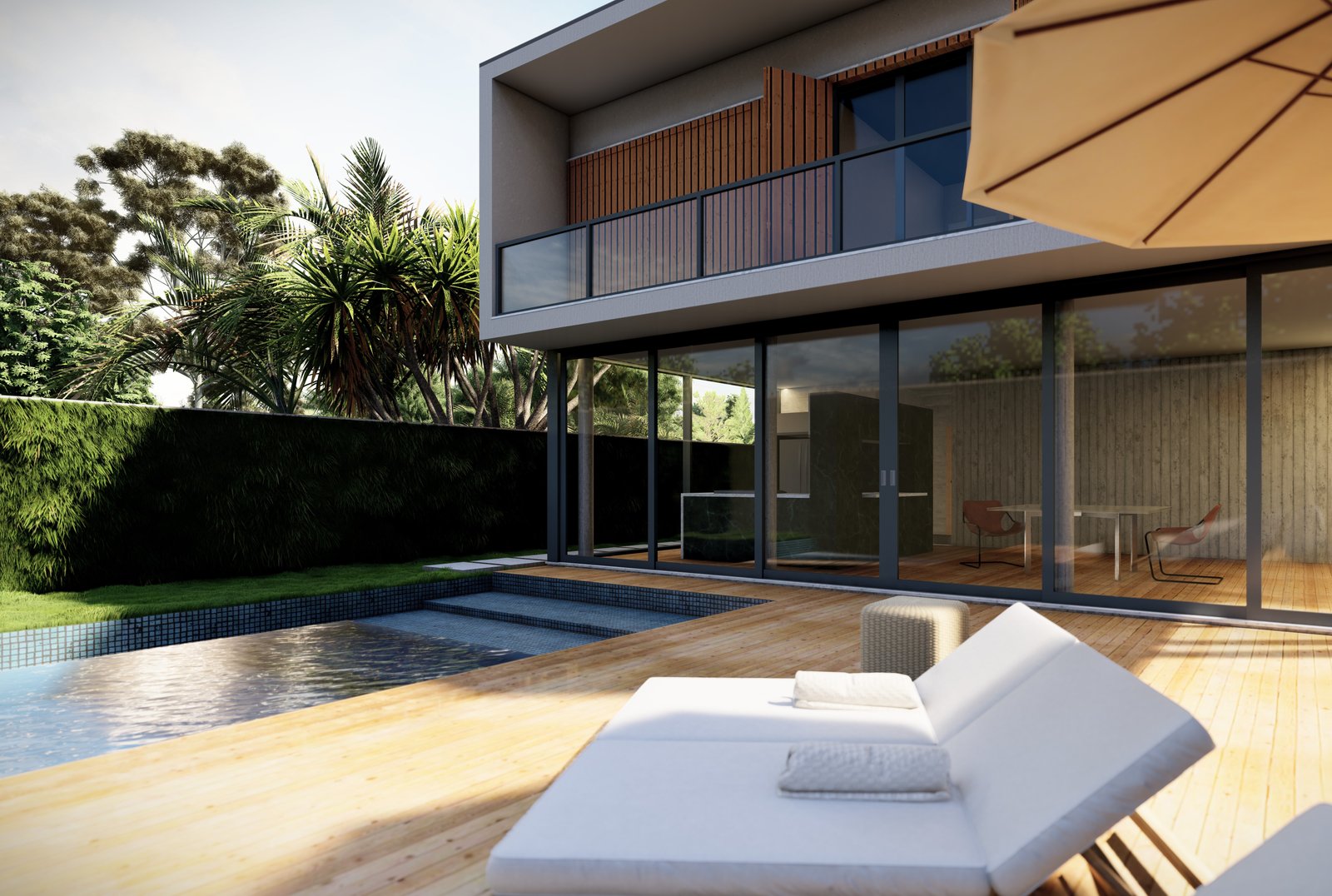 Terraza moderna con piscina y deck de madera — proyecto Renderizado 3D de vivienda unifamiliar, City bell, por Estudio cardo, en C. Cantilo