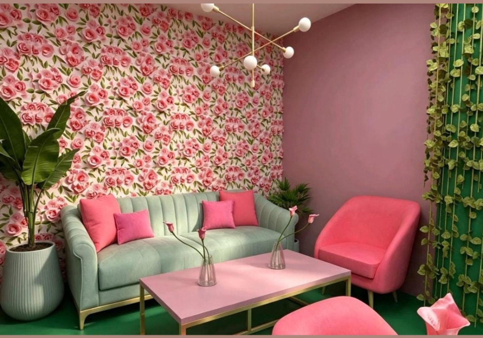 Sala com sofá curvo azul e papel de parede floral rosa — projeto Pastelería la Nueva Sirena, por FA DISEÑO Y AMBIENTACION, em Bahía Blanca