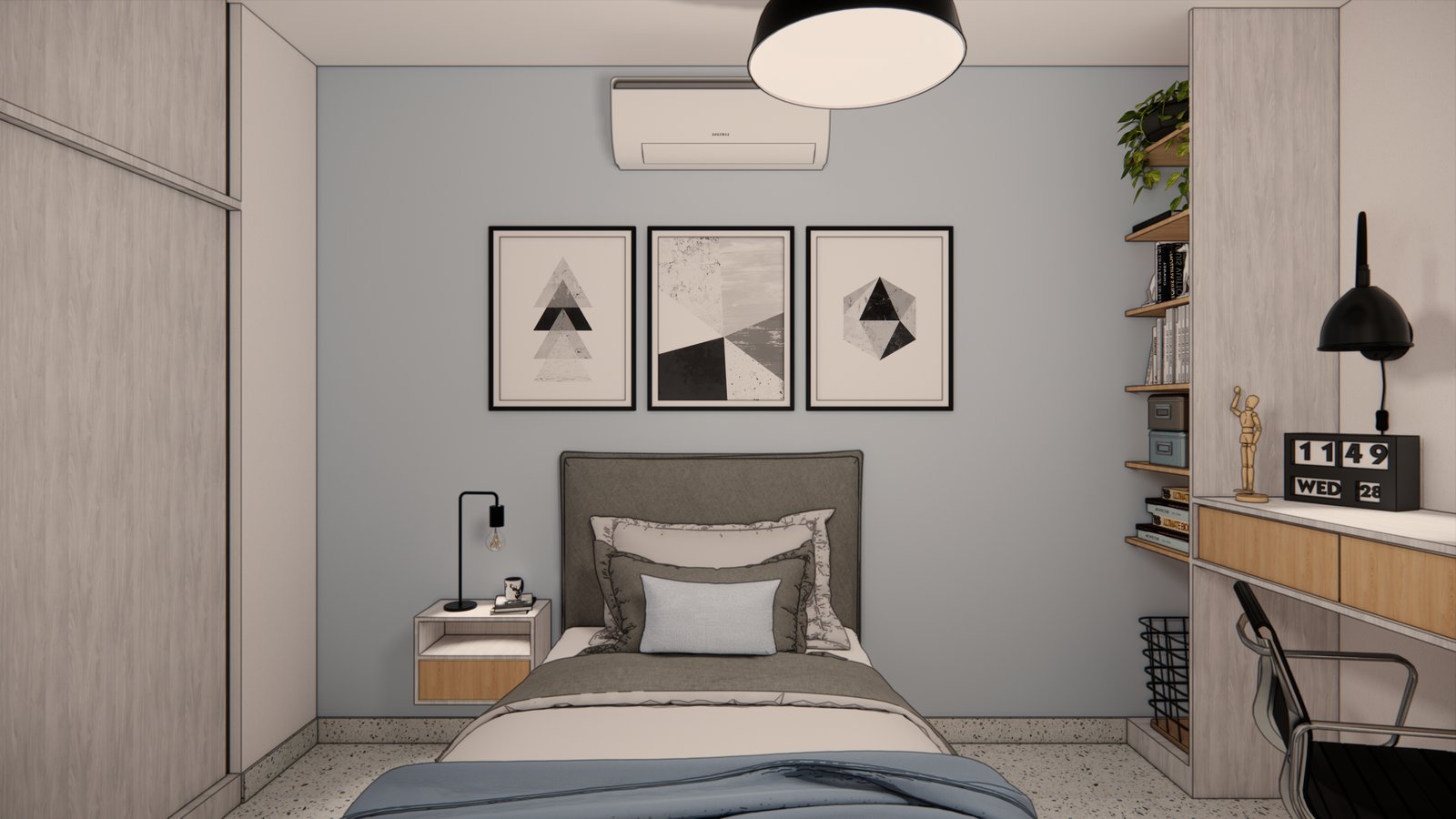Dormitorio moderno con arte geométrico y paneles en la pared — proyecto PROYECTO E&F, por Todo con A, en X5125 Monte Cristo
