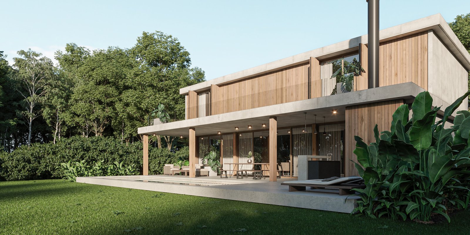 Fachada moderna de madeira e concreto em floresta — projeto Casa BRAVA, por Grupo CRBN, em Alejandro Korn