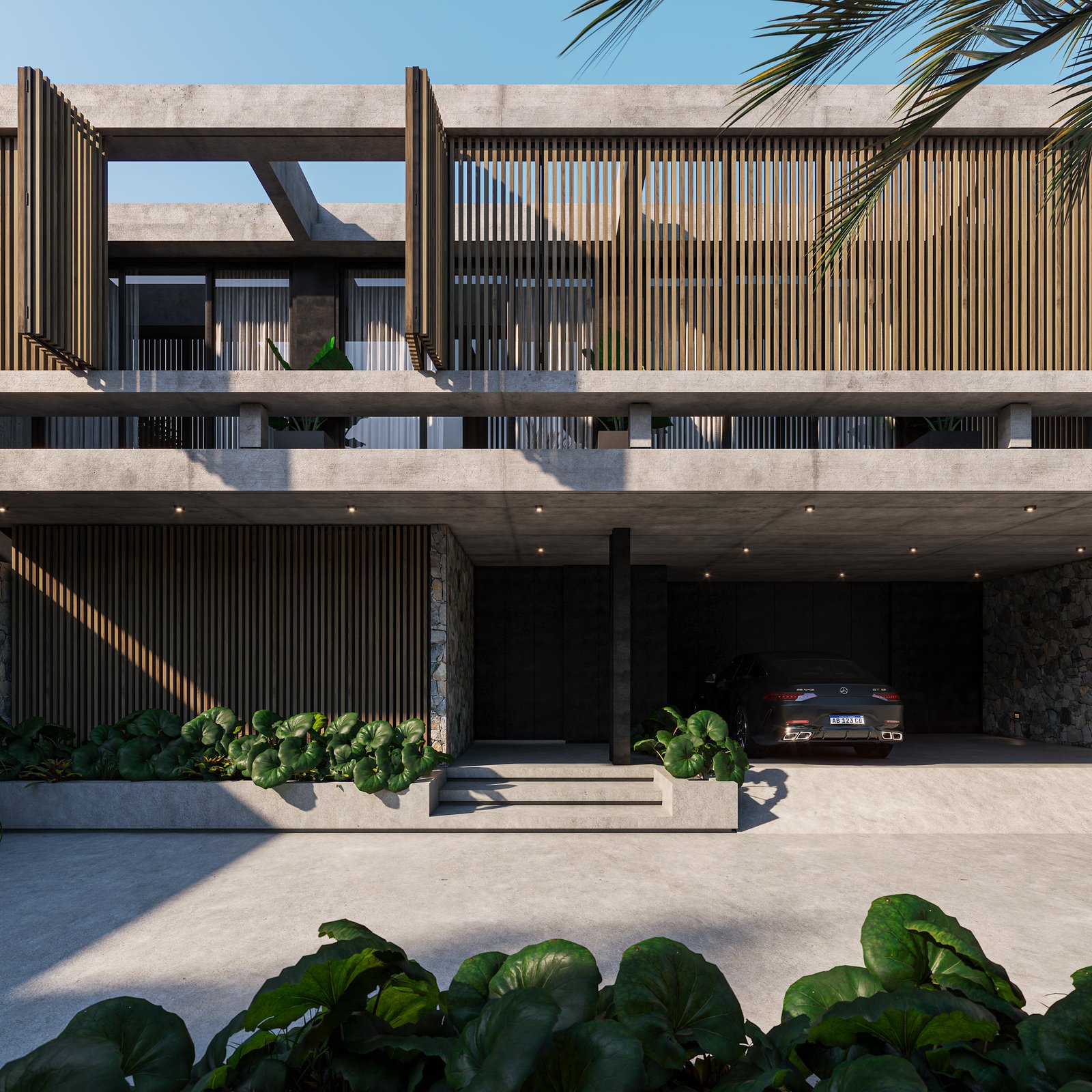 Fachada moderna con revestimiento de madera y concreto — proyecto Casa MITO, por Grupo CRBN, en Ituzaingó