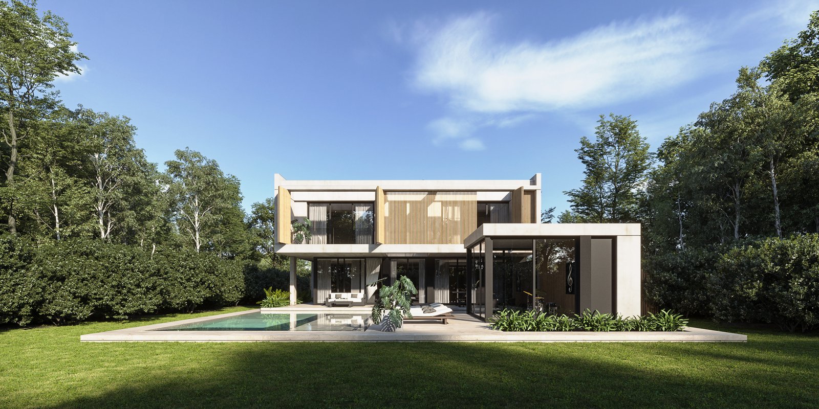 Fachada moderna con piscina y vegetación exuberante — proyecto Casa TERRA, por Grupo CRBN, en Los Robles 5901