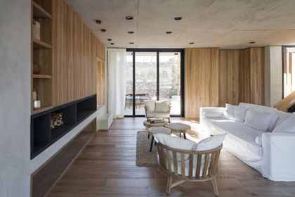 Living moderno con paredes de madera y ventanal grande — proyecto Casa Carol, por Estudio Lak, en Club Newman