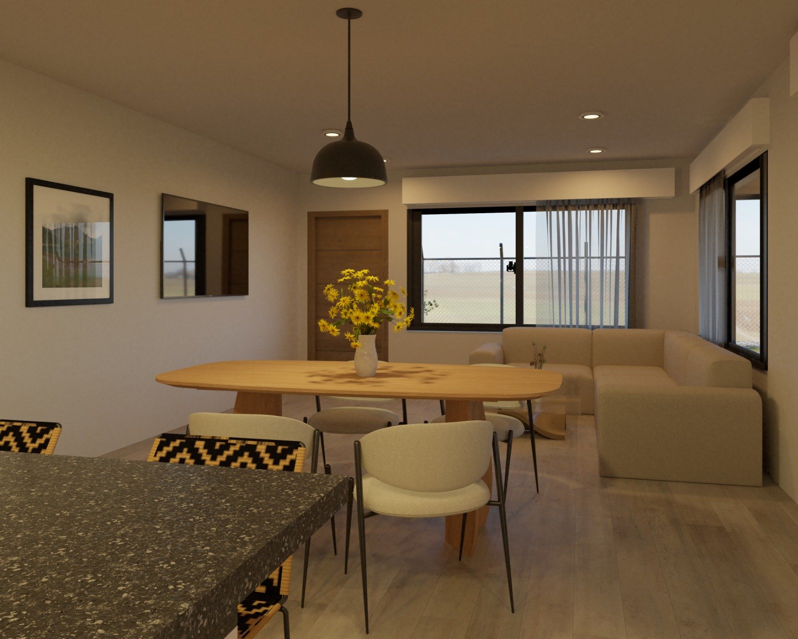 Comedor moderno integrado a living, mesa oval de madera, sillas beige — proyecto Proyecto nuevo a construir BIALET MASSÉ, CÓRDOBA, por arquiga10573853, en Bialet Massé