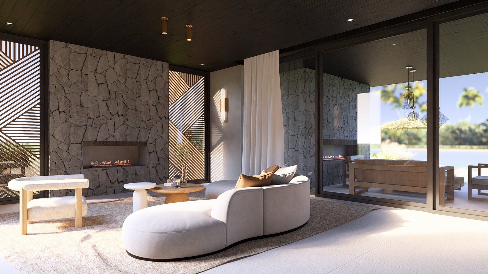 Living moderno con sofá curvo, chimenea y vistas a la costa — proyecto Casa AT , por Hermann Arquitectos, en Av. de los Lagos