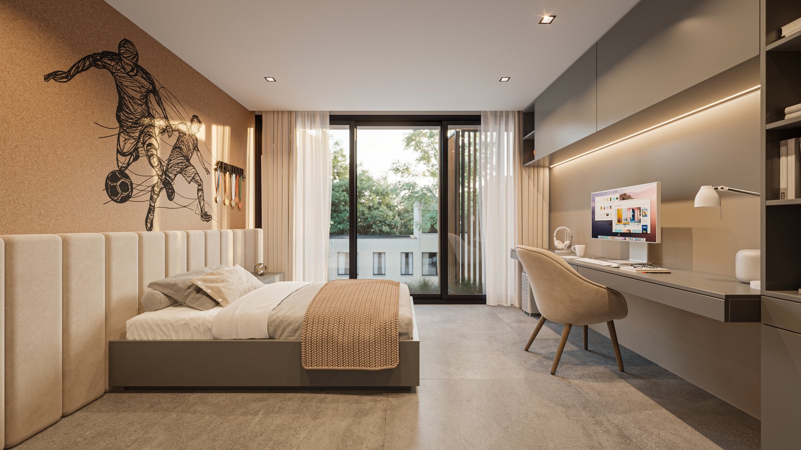 Dormitorio moderno con mural, área de escritorio y paneles de madera — proyecto Casa IZA, por Grupo CRBN, en Villa Urquiza