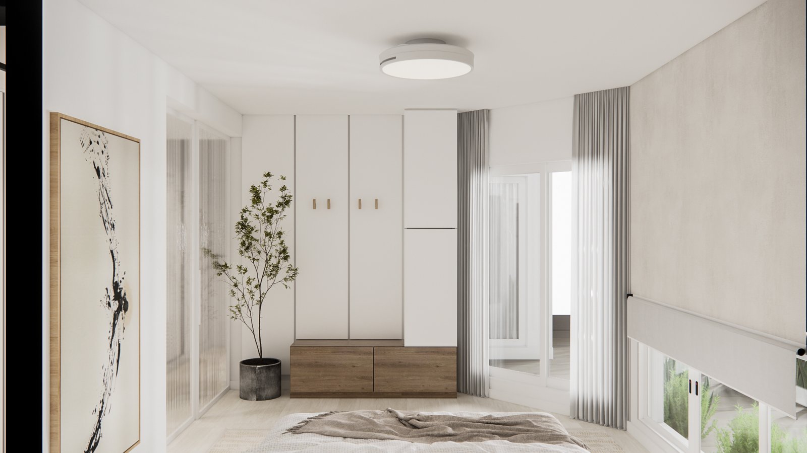 Dormitorio minimalista con amplios armarios empotrados y luz natural — proyecto Casa cálida y acogedora, por Mela Deco Design, en Buenos Aires