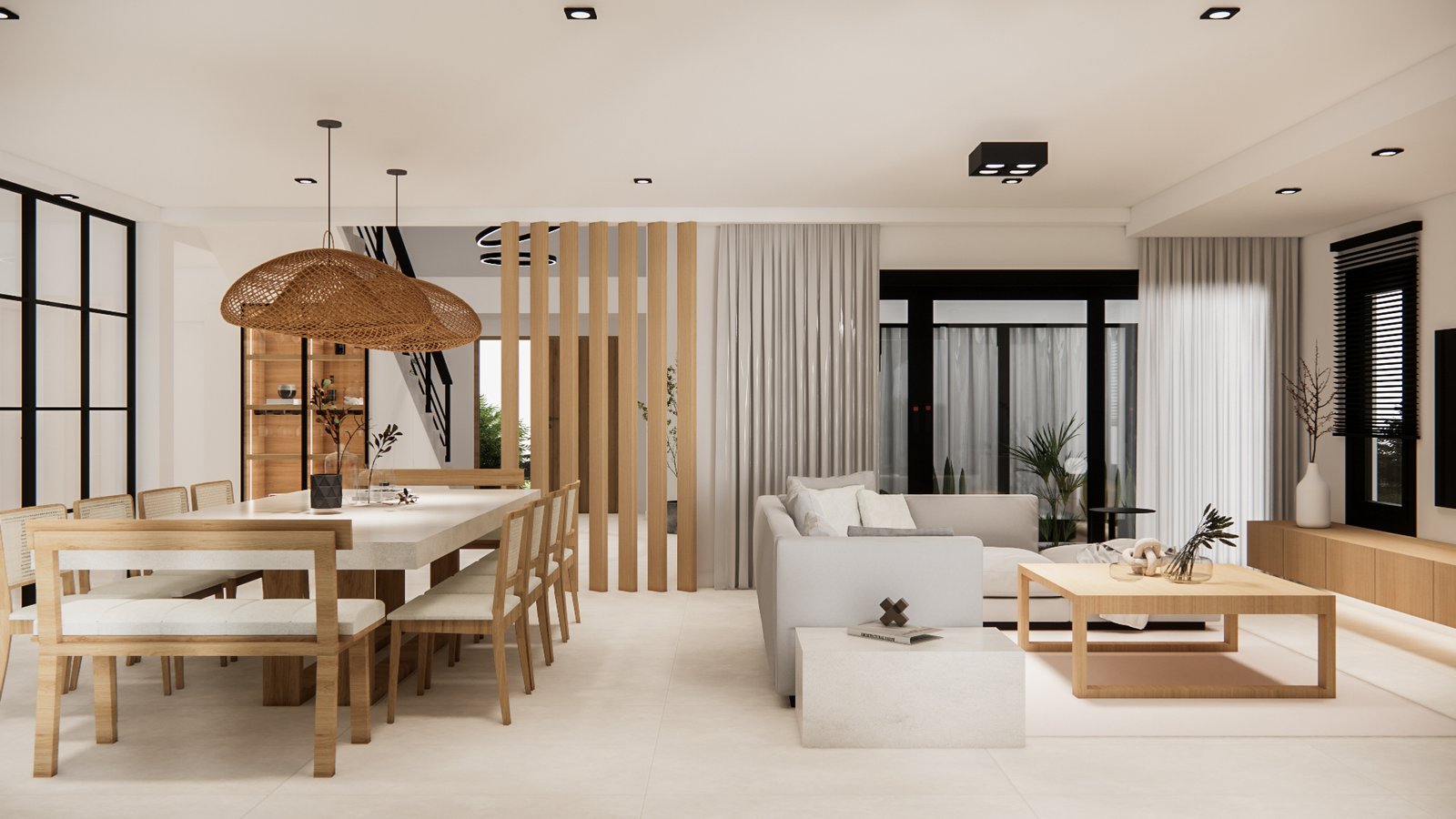 Sala de estar e jantar moderna escandinava com painel de madeira — projeto Moderna y elegante casa de familia, por Mela Deco Design, em Buenos Aires