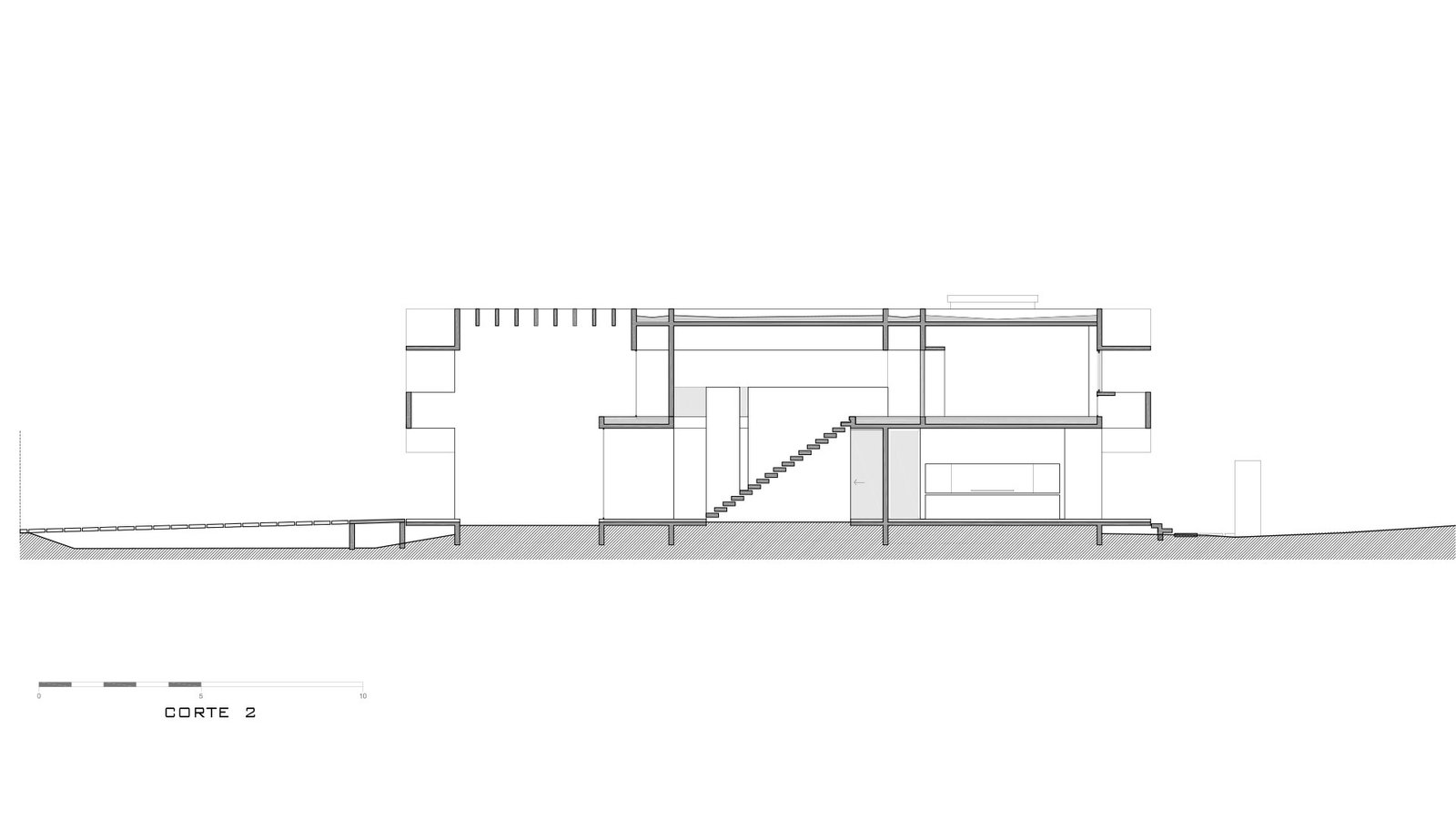 corte arquitectónico de vivienda moderna de hormigón — proyecto Casa 4H, por Besonías Almeida arquitectos, en X6VF+67