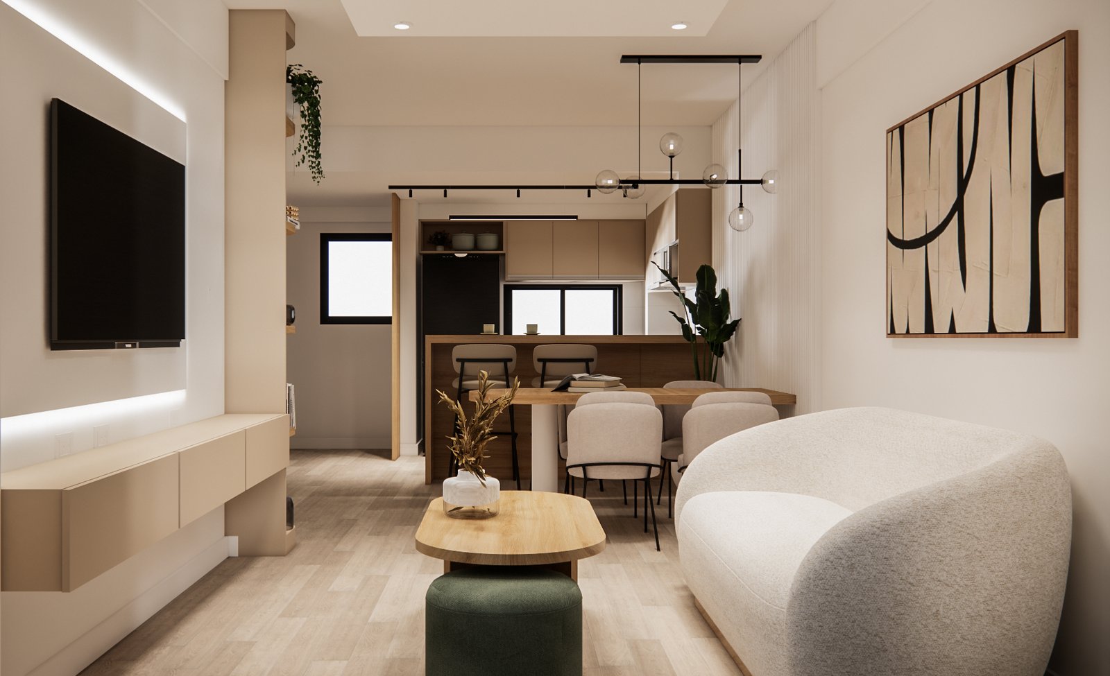 Living moderno escandinavo con sofá curvo y mesa de comedor — proyecto Estética Soft: Madera, Luz y Confort, por Mela Deco Design, en Buenos Aires